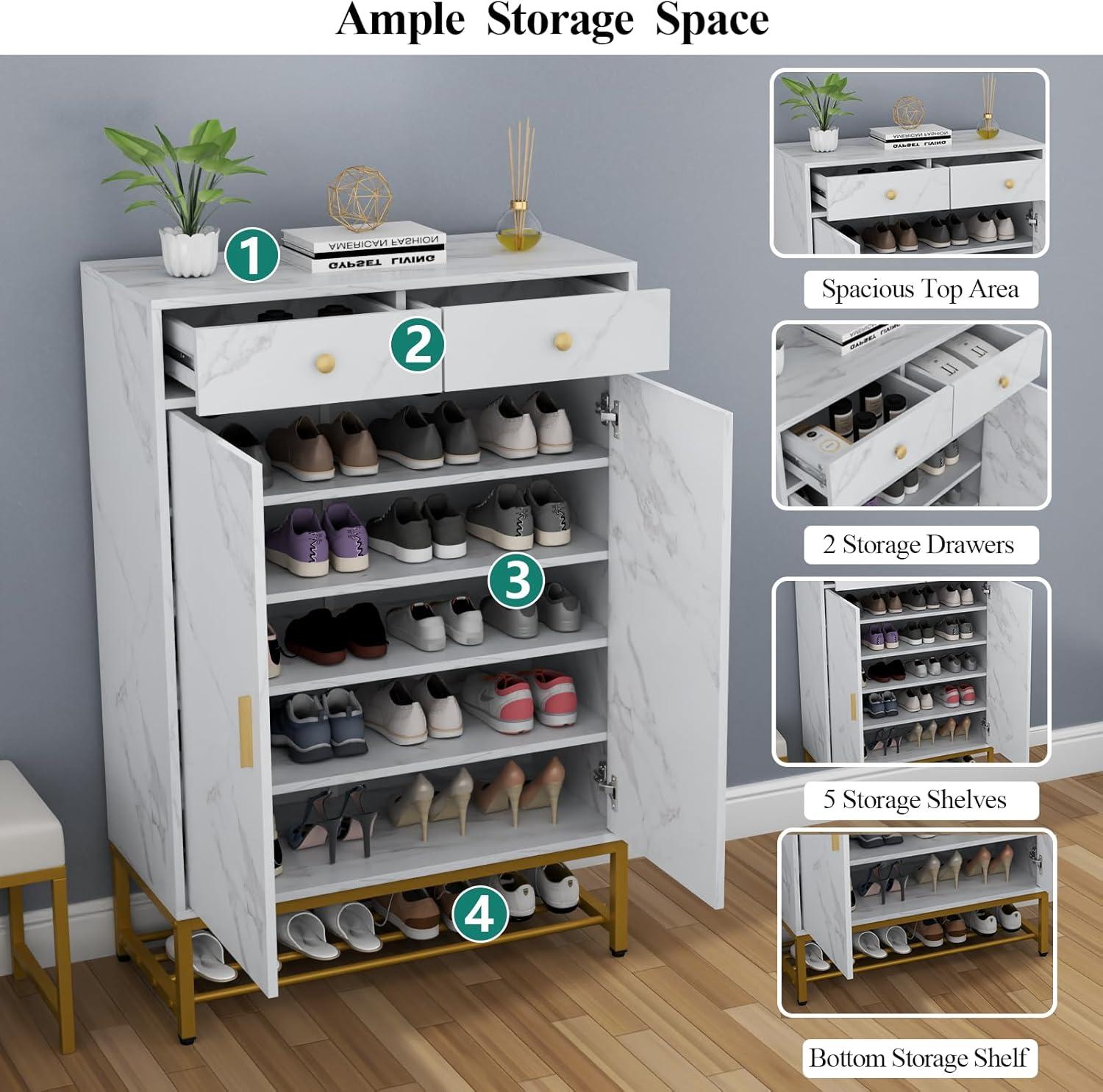 White Faux Marble 6-Tier Shoe Cabinet with Adjustable Shelves