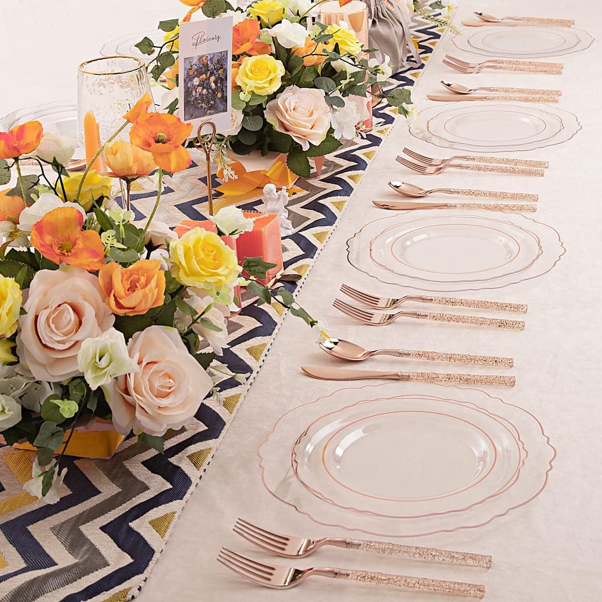 Liacere 150PCS Rose Gold Plastic Plates - Clear Rose Gold Disposable Plates with Glitter Bamboo Handle Cutlery - 60 Baroque Elegant Plates, 30 Forks, 30 Spoons, 30 Knives for Thanksging day&Chrismas