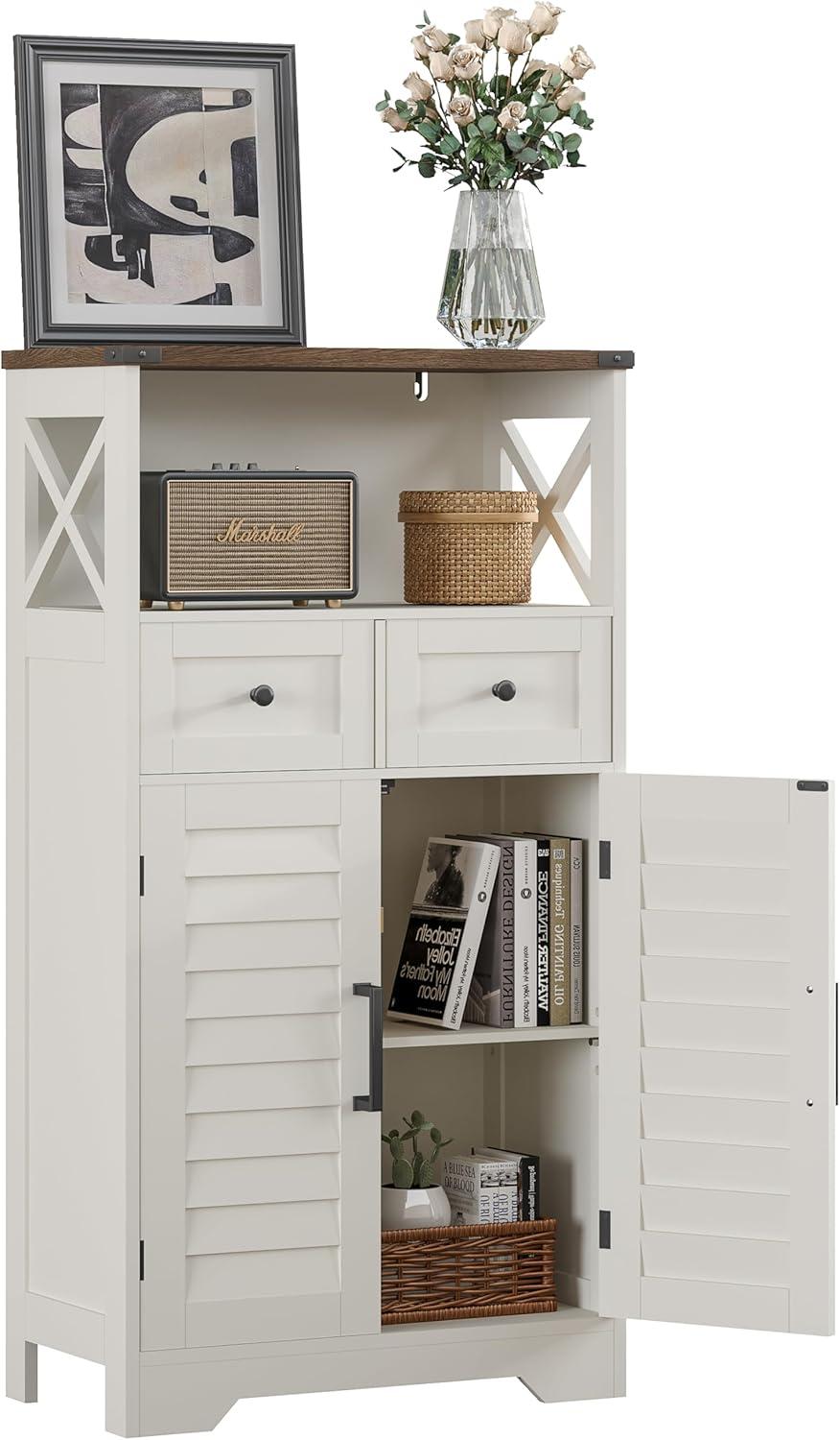 White Farmhouse Bathroom Storage Cabinet with Adjustable Shelving