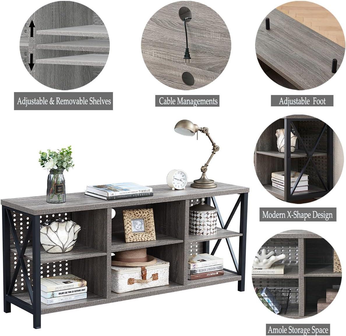 LVB Rustic Entertainment Center for 65 Inch TV, Industrial Wood TV Stand with Media Cabinet Storage, Farmhouse Metal Television Stands Console Table for Home Living Bedroom, Light Grey Oak, 55 Inch