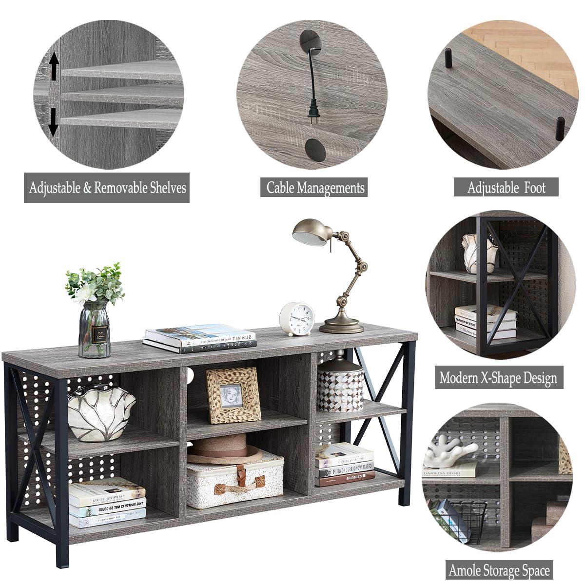 LVB Rustic Entertainment Center for 65 Inch TV, Industrial Wood TV Stand with Media Cabinet Storage, Farmhouse Metal Television Stands Console Table for Home Living Bedroom, Light Grey Oak, 55 Inch