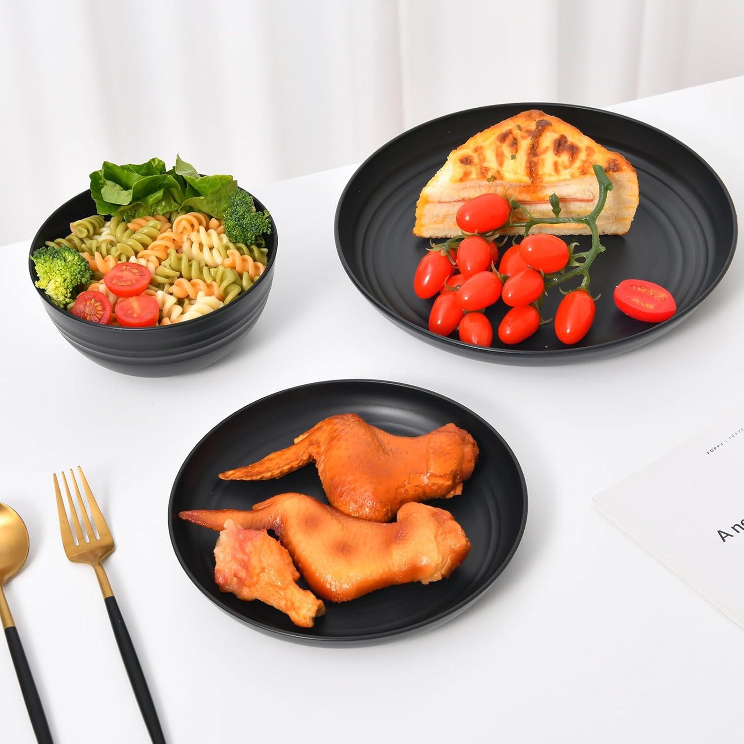 32 Pcs Wheat Straw Dinnerware Sets,Plastic Plates and Bowls Sets for 8,Unbreakable Dinnerware Set,Reusable Lightweight Black Dish Set for Kitchen,Camping,Party,RV,Dishwasher Microwave Safe