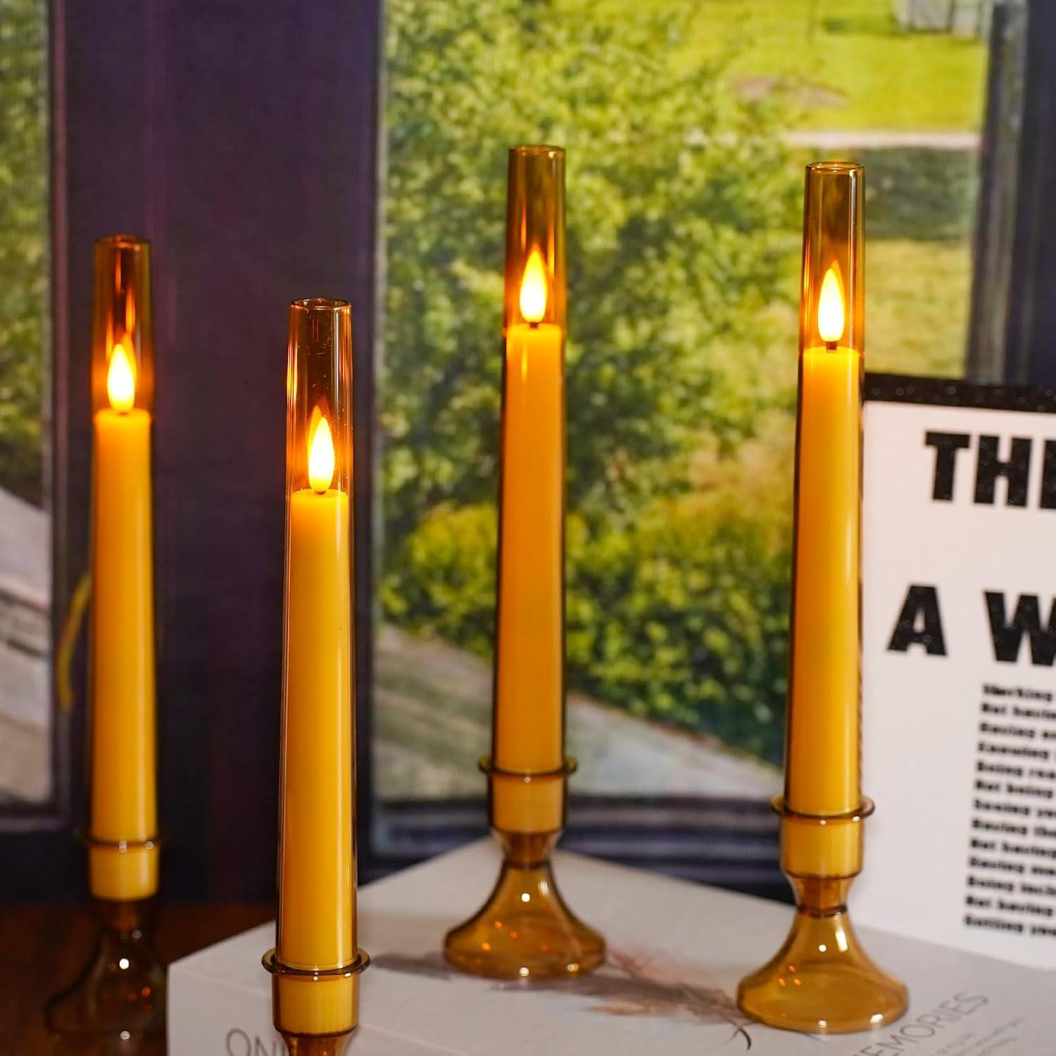 6pcs Waxy Flameless Taper Candles with Remote, Led Flameless Candlesticks Classic Tall Taper Candles with Holders Flickering Battery Operated Taper Candles for Bedroom Dining Room