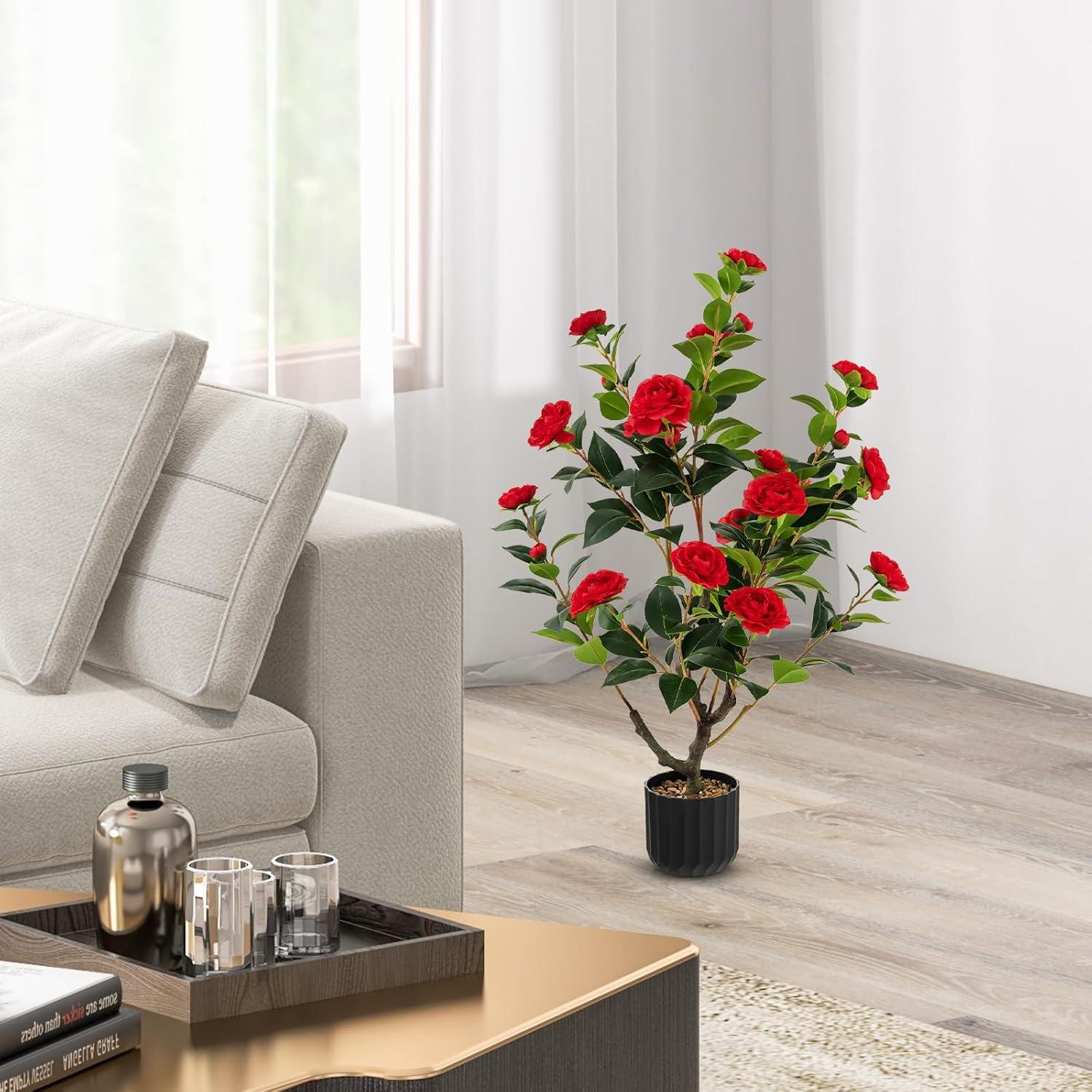 Primrue 38 In. Faux Camellia Tree In Pot Decorative Plant Indoor/Outdoor