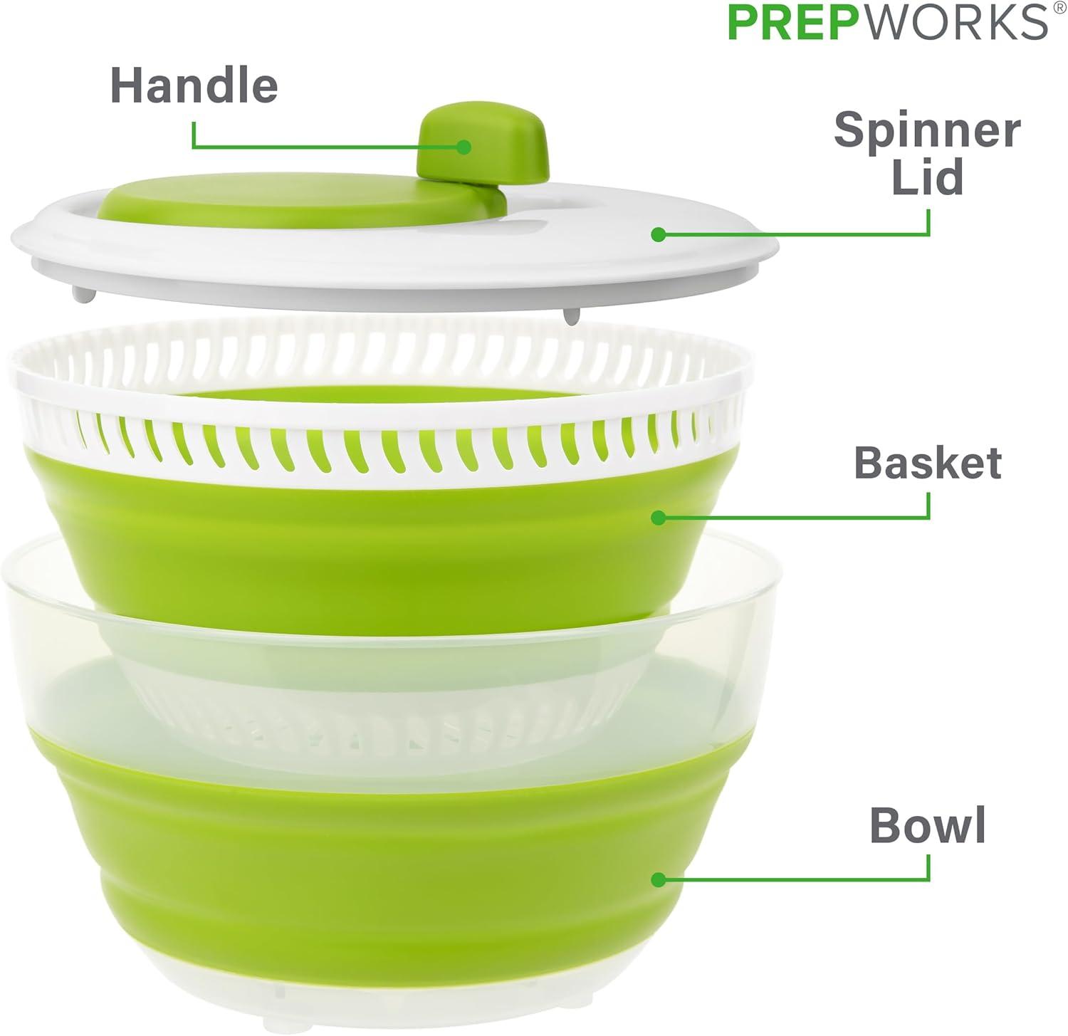 Prepworks Collapsible 3qt Salad Spinner: Dishwasher-Safe, Nonslip Base, Adjustable Handle, Green Lettuce Spinner