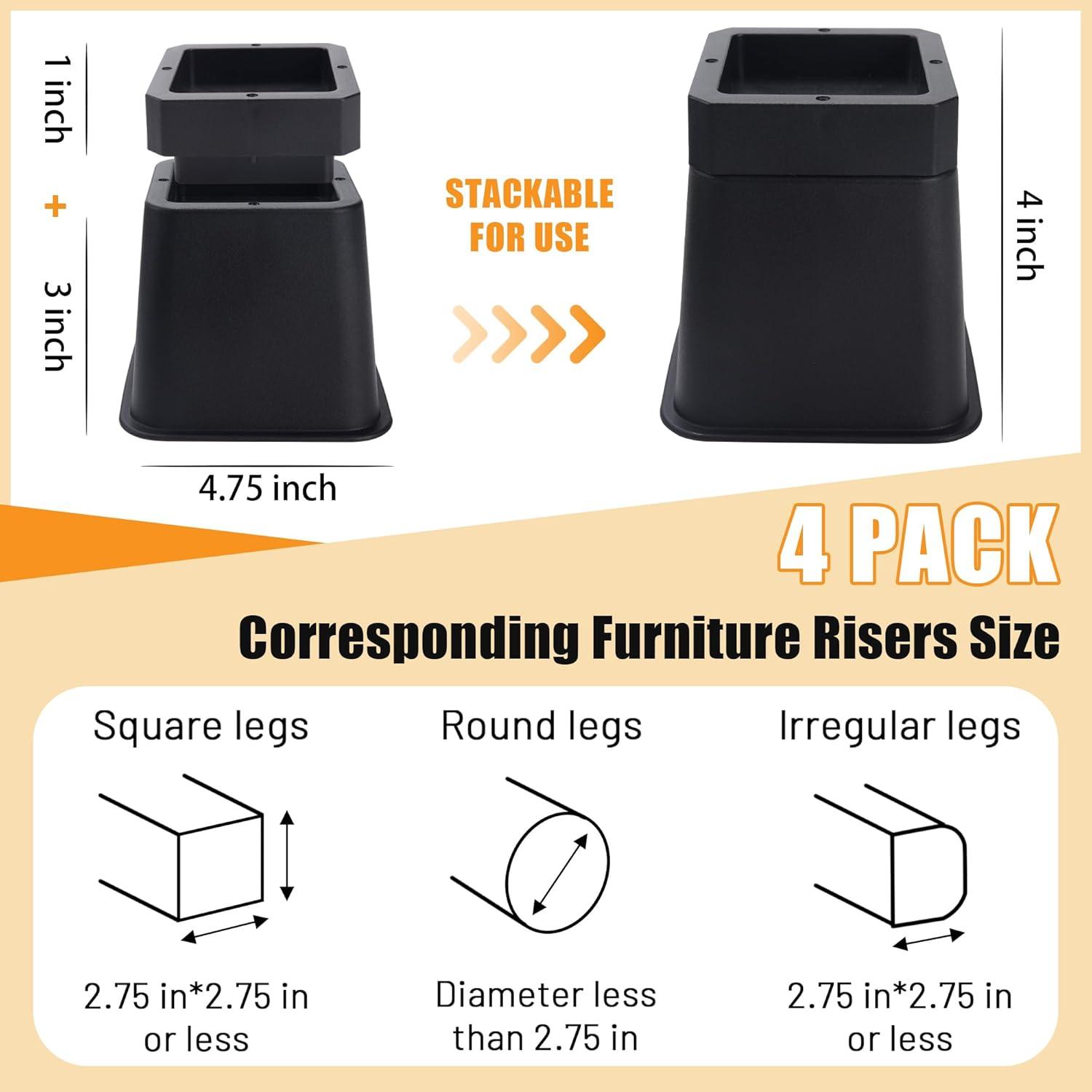 BTSD-home 3" or 6" Stackable Plastic Bed Risers, Black, 4 Pack
