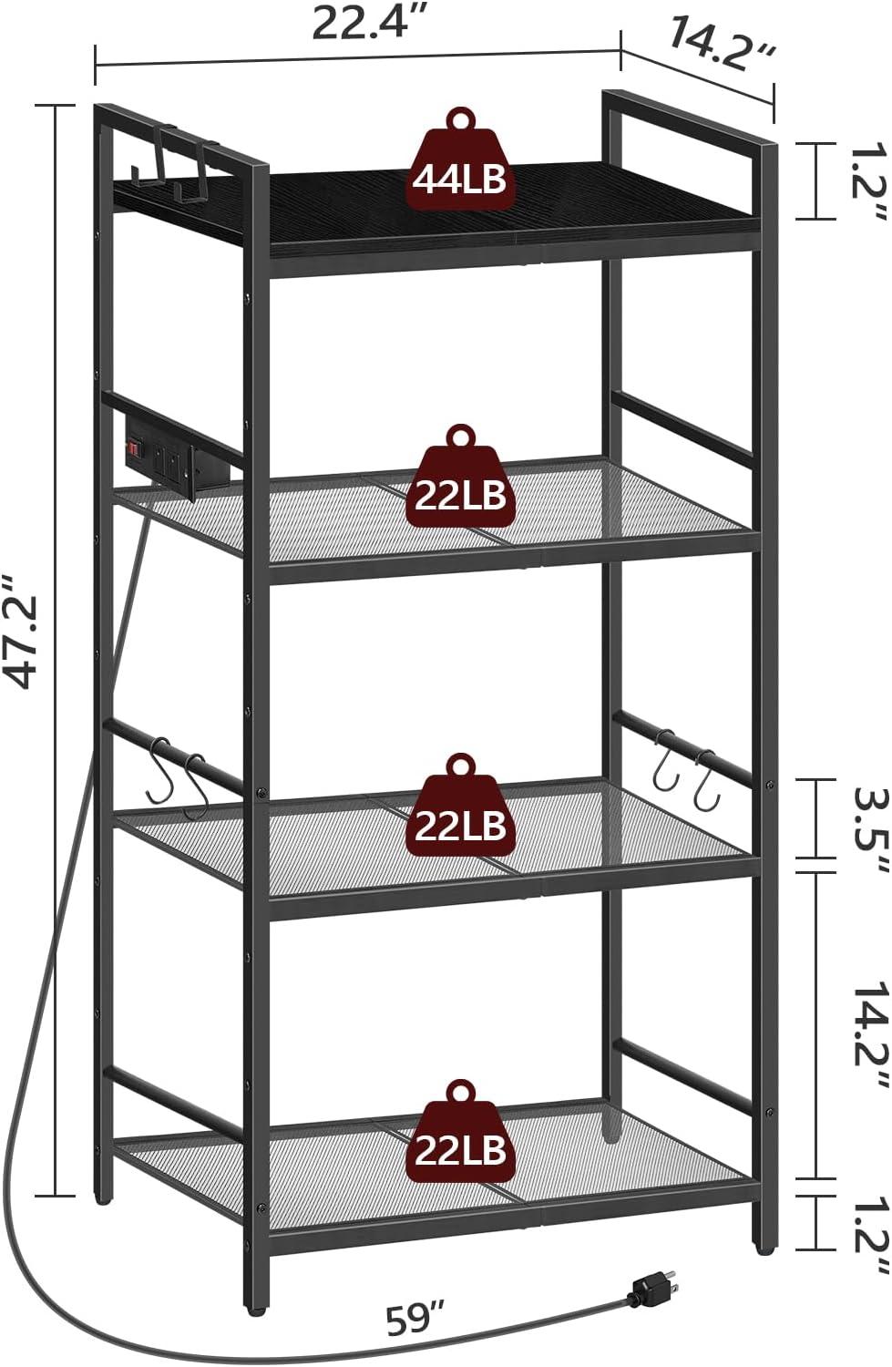 Black Metal 4-Tier Bakers Rack with Power Outlet