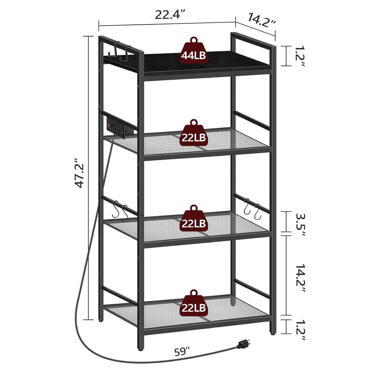Bakers Rack with Power Outlet, Microwave Stand with Hooks, Multifunctional Storage Rack, Coffee Bar with Enclosure, Kitchen Storage Shelf, for Kitchen, Dining Room, Black BRHB40E01