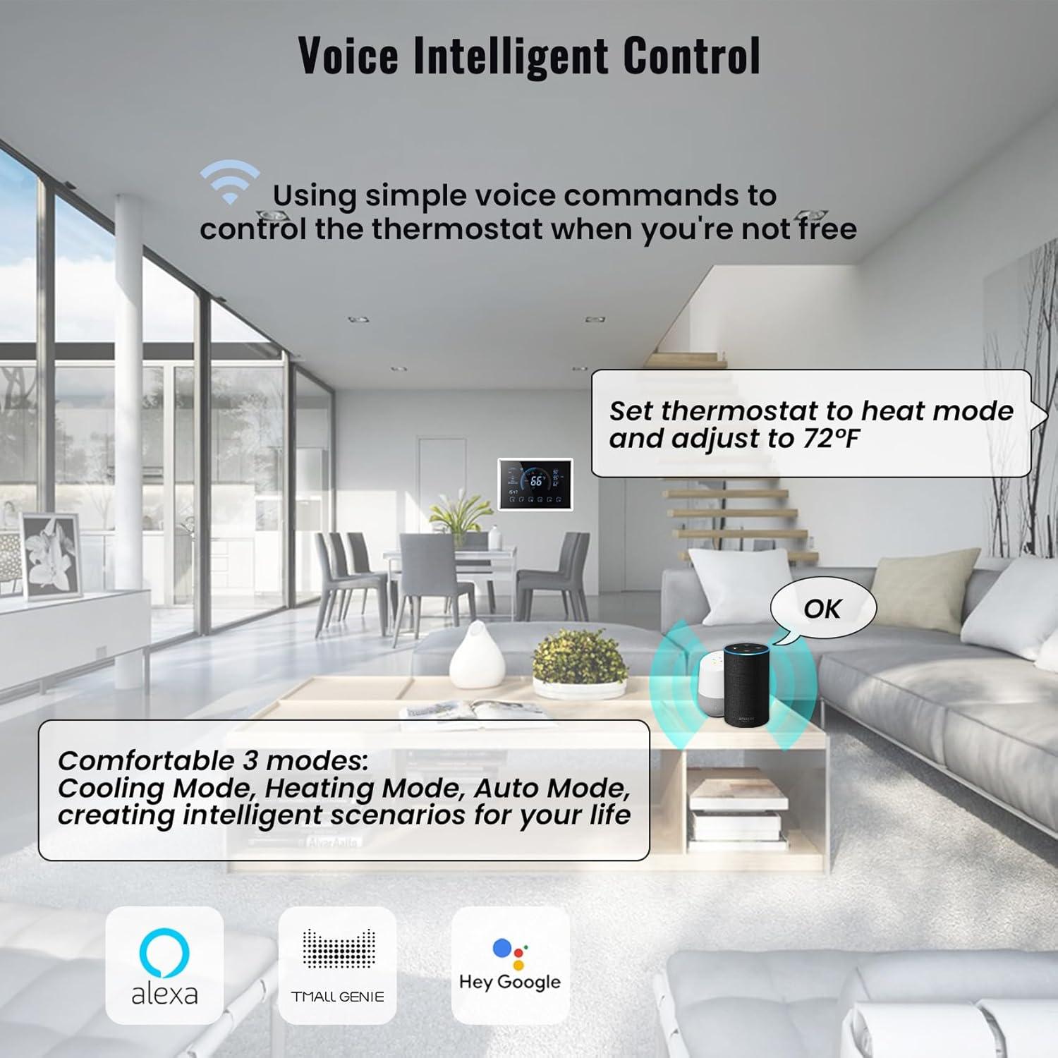 Smart Thermostat for Home WiFi, Programmable Thermostat for Connecting Heat Pumps, Cooling Heating & Auto Mode, Includes C-Wire Adapter, LCD Screen, Voice Control/Weather/Energy saving, App Thermostat