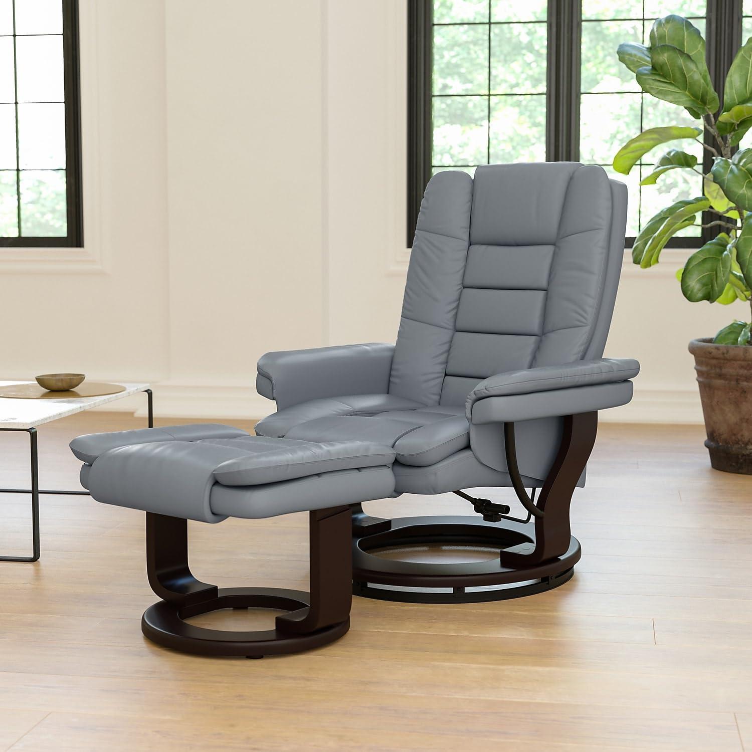 Gray Faux Leather Swivel Recliner with Ottoman and Wood Base