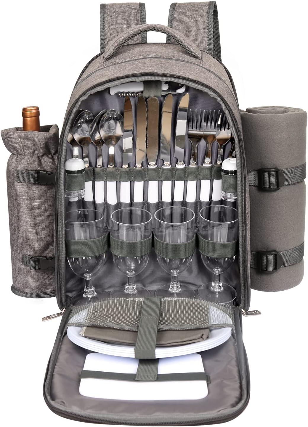 Gray Nylon Picnic Backpack with Blanket and Wine Holder