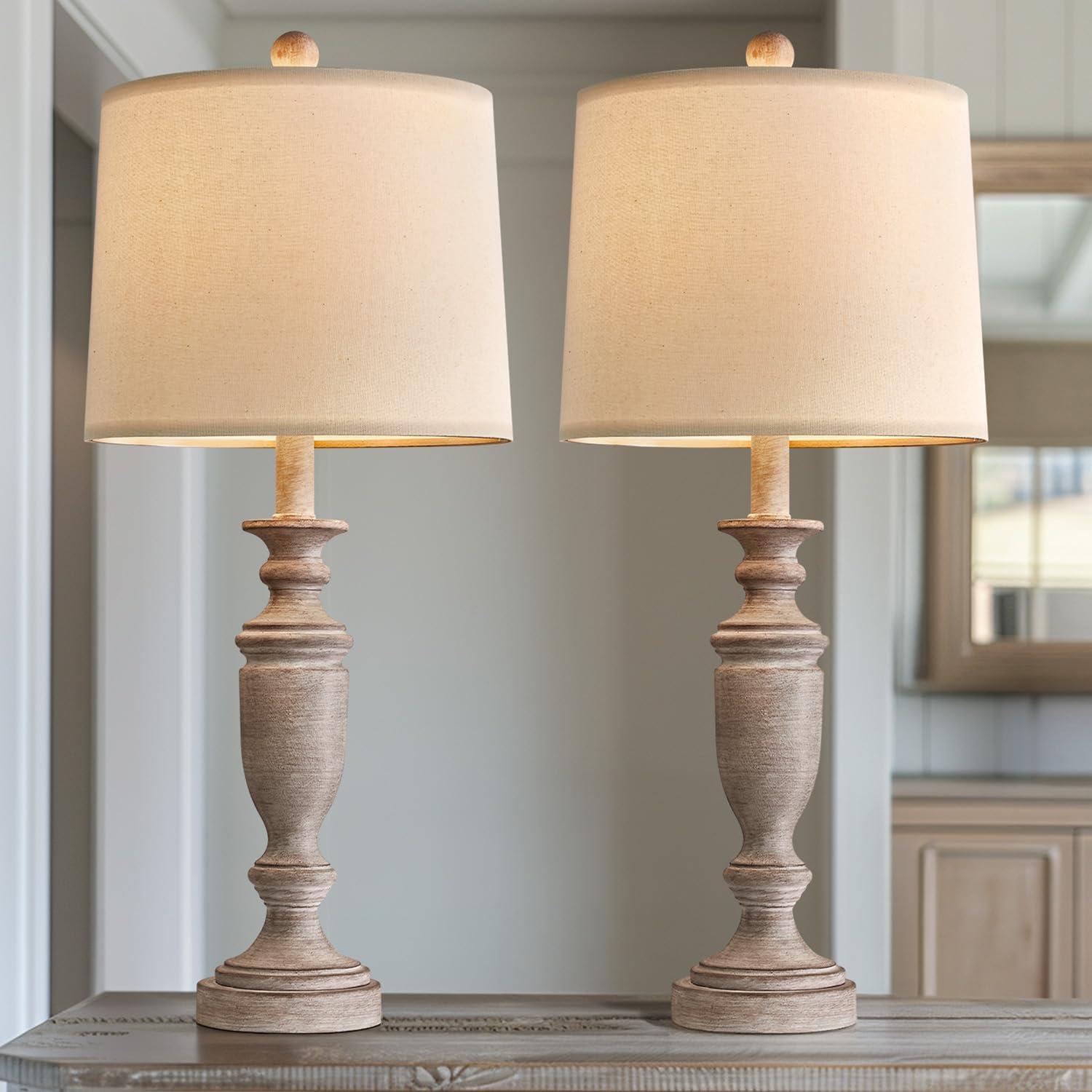 24.5" Beige Linen and Wood Tone Farmhouse Table Lamp Set