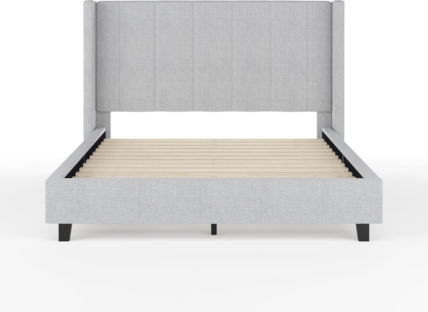 Martha Stewart Kay Full Upholstered Platform Bed with Channel Stitched Wingback Headboard and Cushioned Siderails, Wood Slat Foundation, No Box Spring Needed, Gray