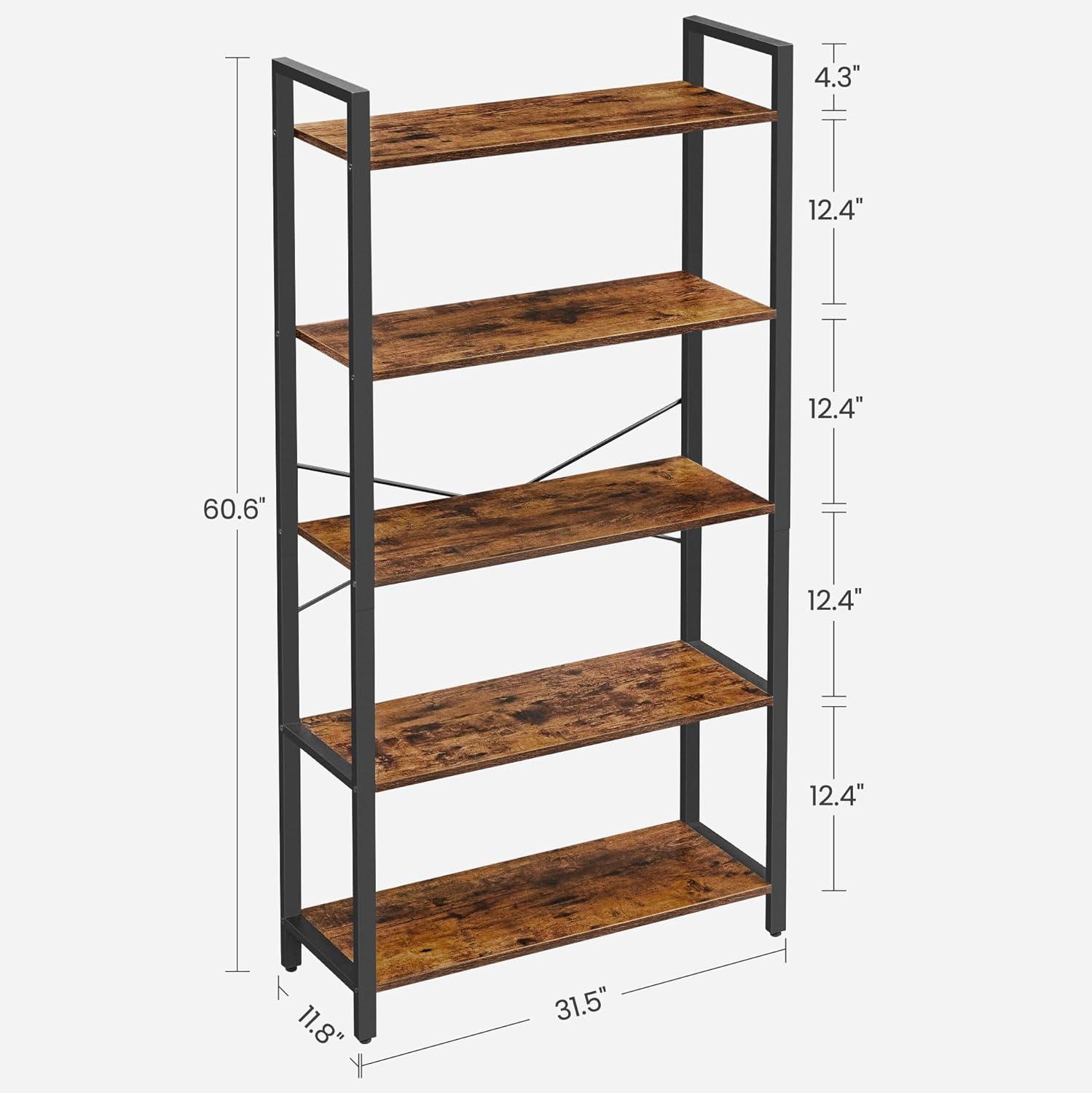 Adjustable Black Metal and Wood 5-Tier Bookshelf