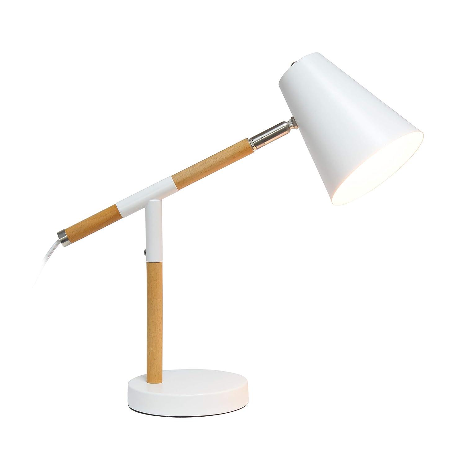 Simple Designs Wooden Pivot Desk Lamp White: ETL Listed, Adjustable Neck, Metal Shade, No Assembly Required