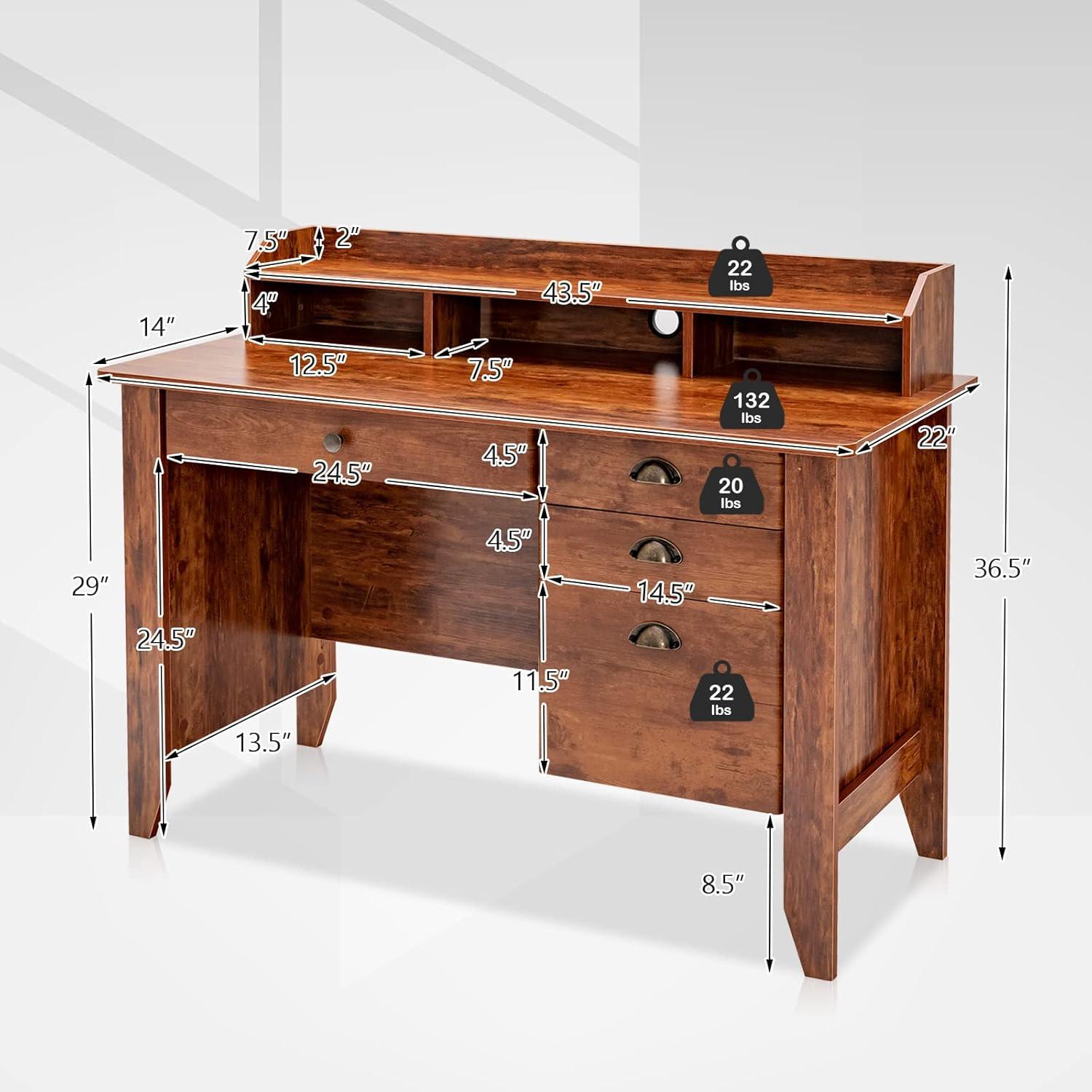 GVN Vintage Computer Desk with Storage Shelves and 4 Drawers-Rustic Brown, Desk for Bedroom, Gaming Computer Desks for Study,Working,Writing