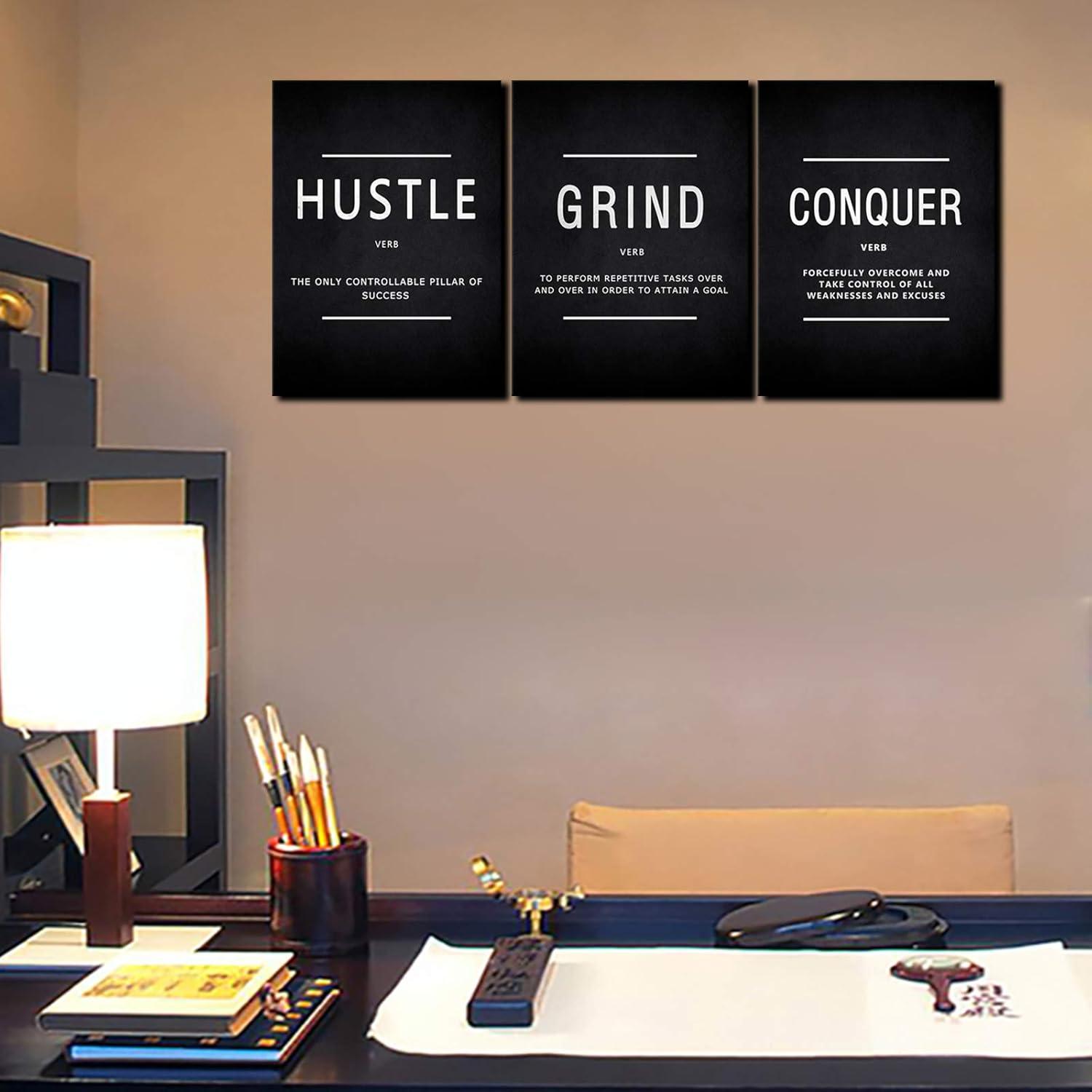 Success Quotes Wall Art, Grind Hustle Conquer Motivation Wall Poster Framed Positive Sayings Wall Hanging Inspirational Quotes for Home Office Workplace - 12x16inx3pcs