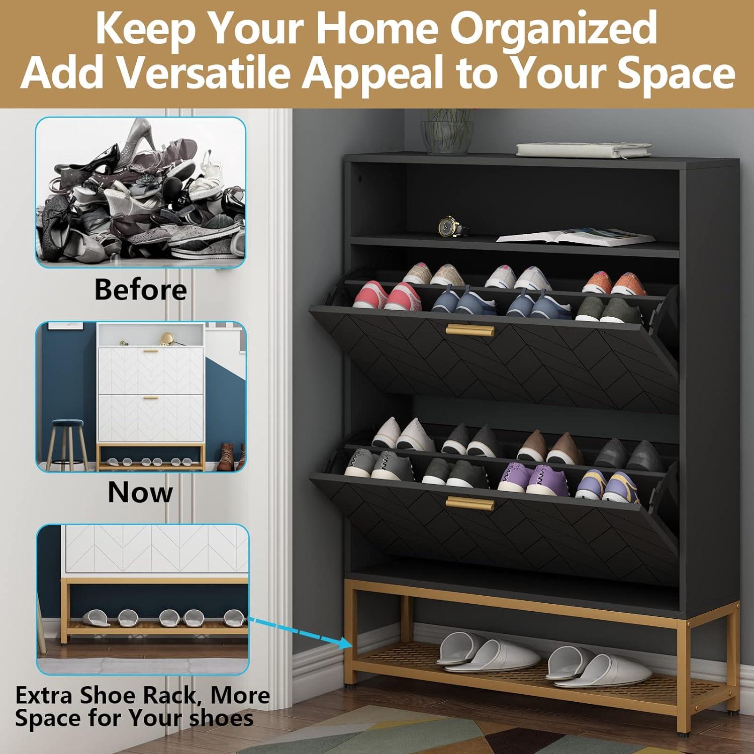 Shoe Cabinet with 2 Flip Drawers, Free Standing Tipping Bucket Shoe Rack Organizer with Adjustable Shelf, Shoe Storage Cabinet