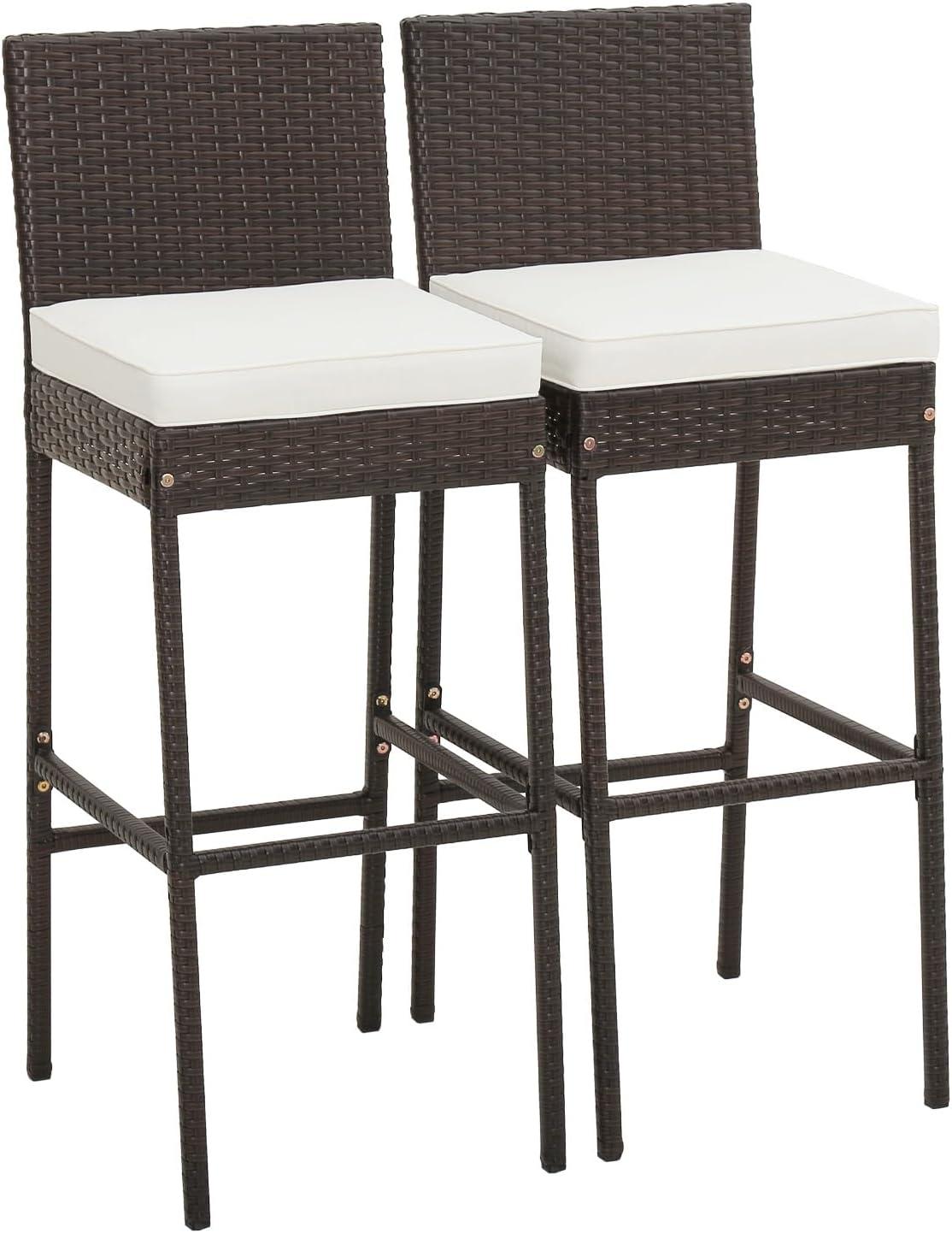 Kepooman Outdoor Bar Stool, 2 Pieces Patio Cushioned Wicker Barstools with Cozy Footrest-Set of 2