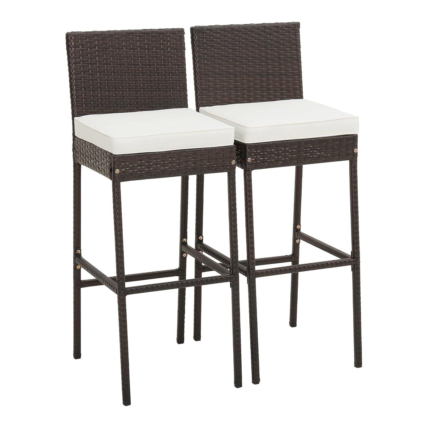Kepooman Outdoor Bar Stool, 2 Pieces Patio Cushioned Wicker Barstools with Cozy Footrest-Set of 2