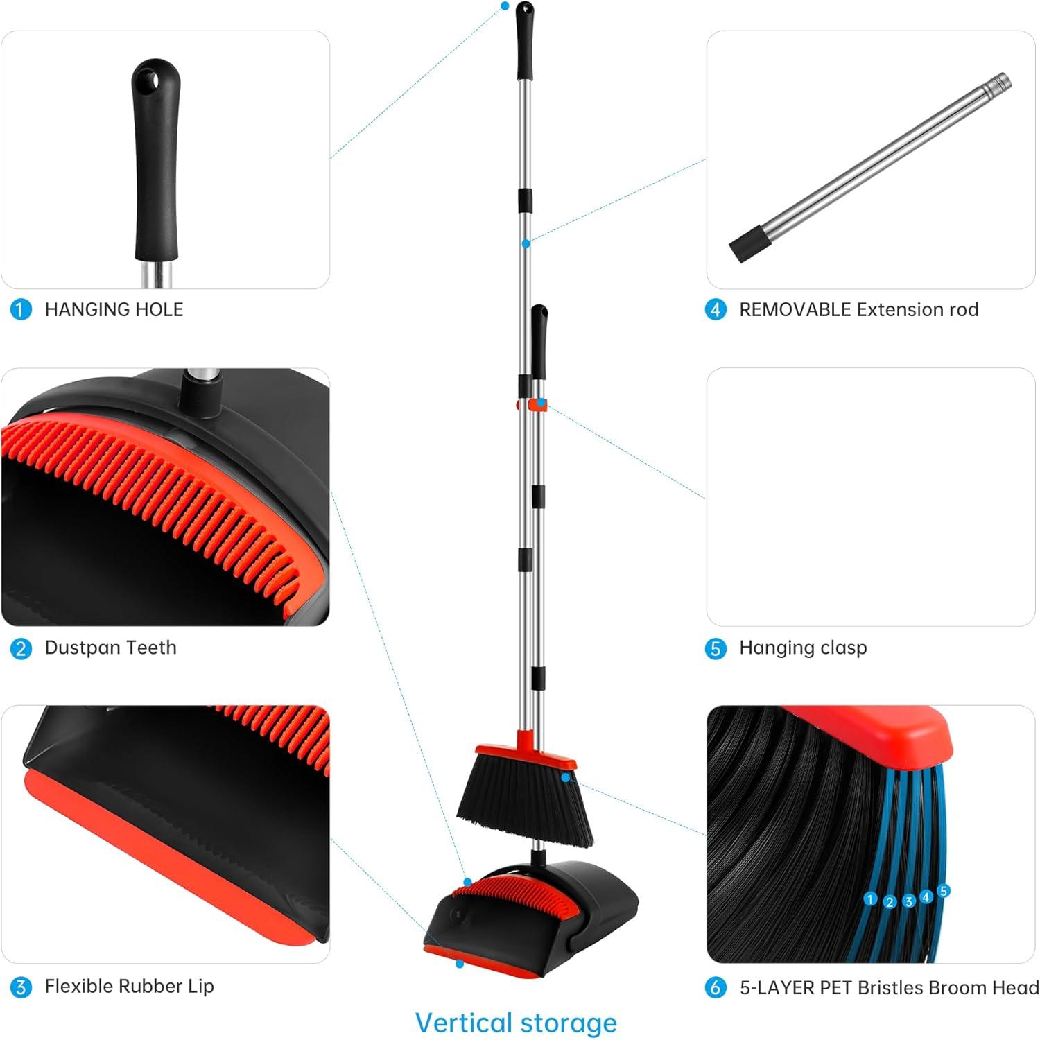 Heavy-Duty Broom and Dustpan Set for Outdoor Broom and Dust pan for Home Commercial Cleaning Supplies Angle Broom with Long Handle Perfect for Courtyard Garage Lobby Mall Market Street, B6