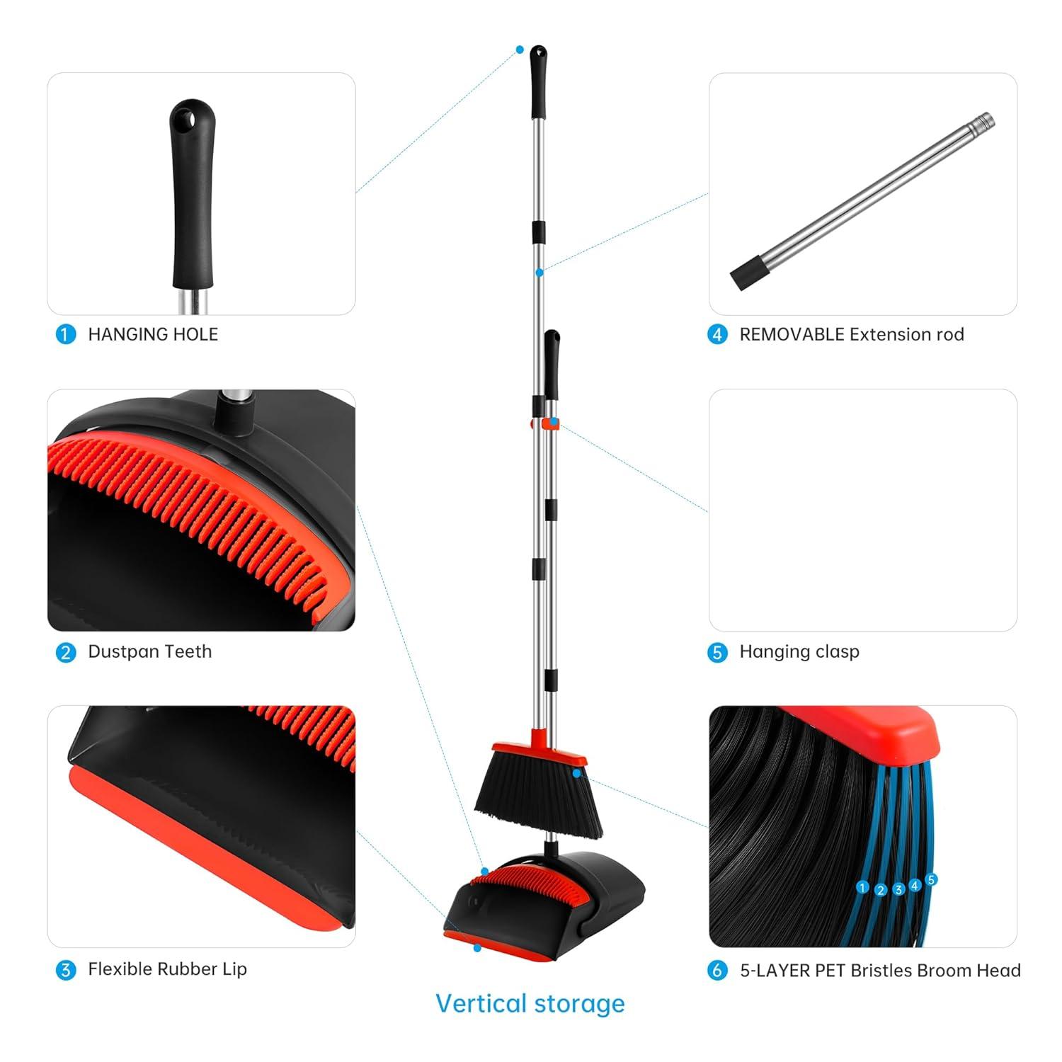 Heavy-Duty Broom and Dustpan Set for Outdoor Broom and Dust pan for Home Commercial Cleaning Supplies Angle Broom with Long Handle Perfect for Courtyard Garage Lobby Mall Market Street, B6