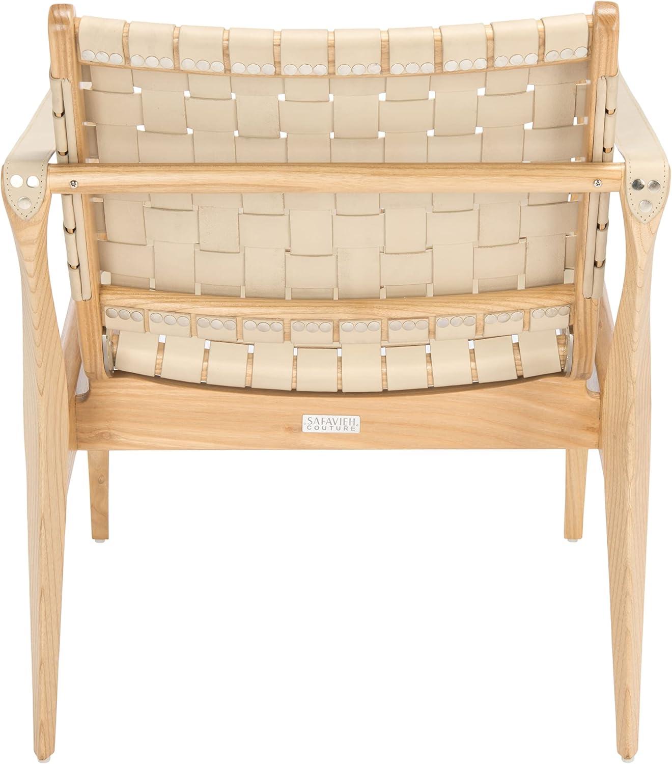 Cherry Mahogany & Woven Leather Safari Accent Chair - White