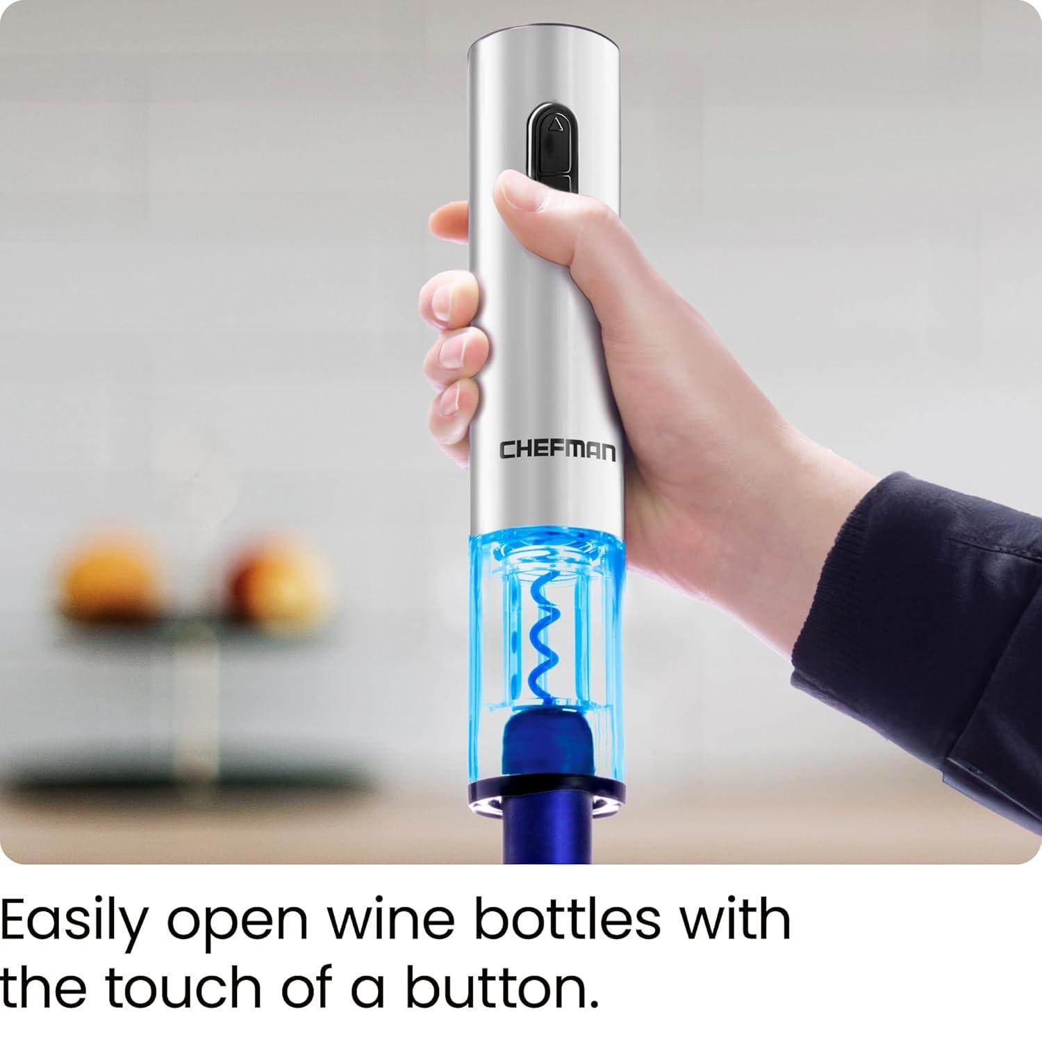 Chefman Electric Wine Opener w/ Foil Cutter, Rechargeable Battery - Stainless Steel, New