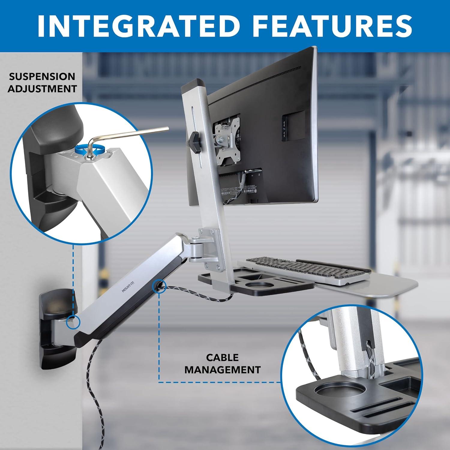 Adjustable Full-Motion Wall Mount Workstation with Keyboard, CPU, and Monitor Mount