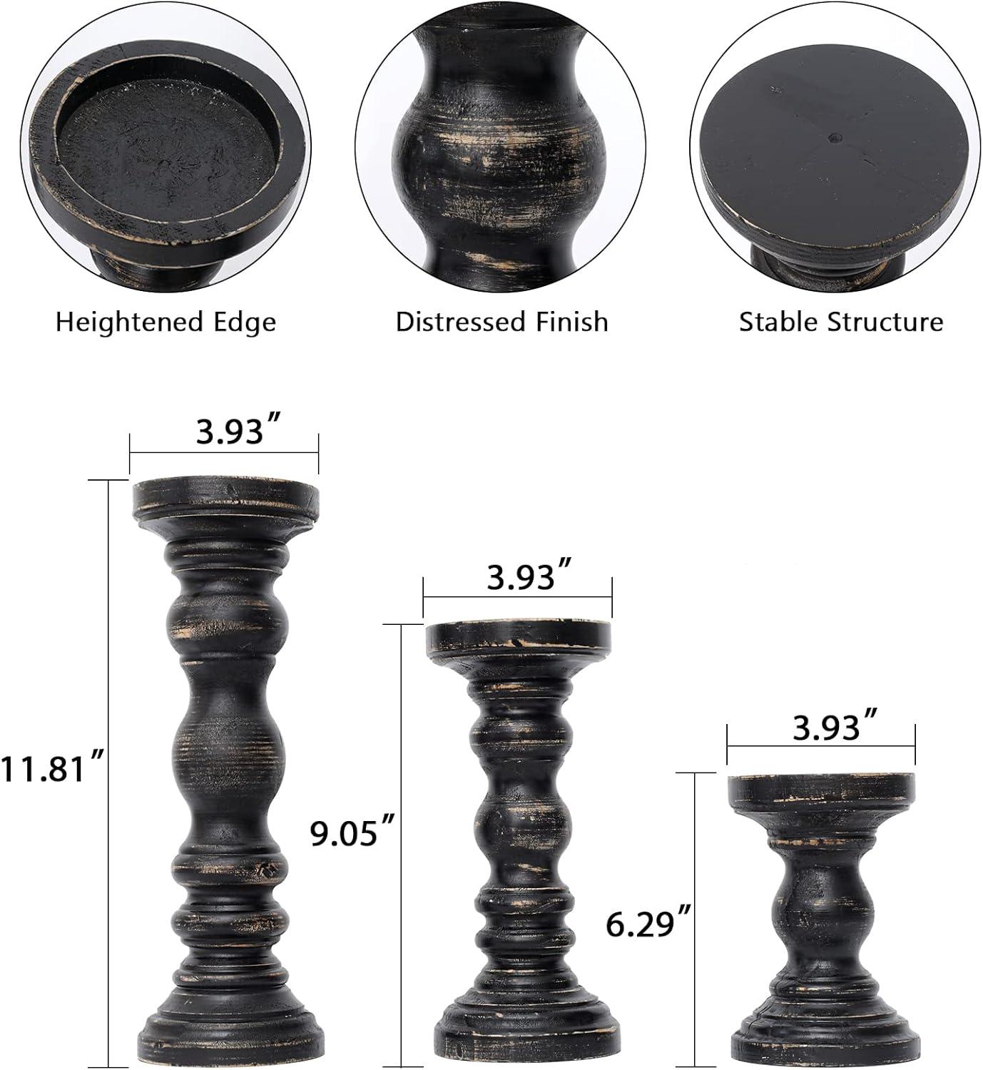 DecMode 3 Candle Black Mango Wood Distressed Turned Pillar Candle Holder, Set of 3