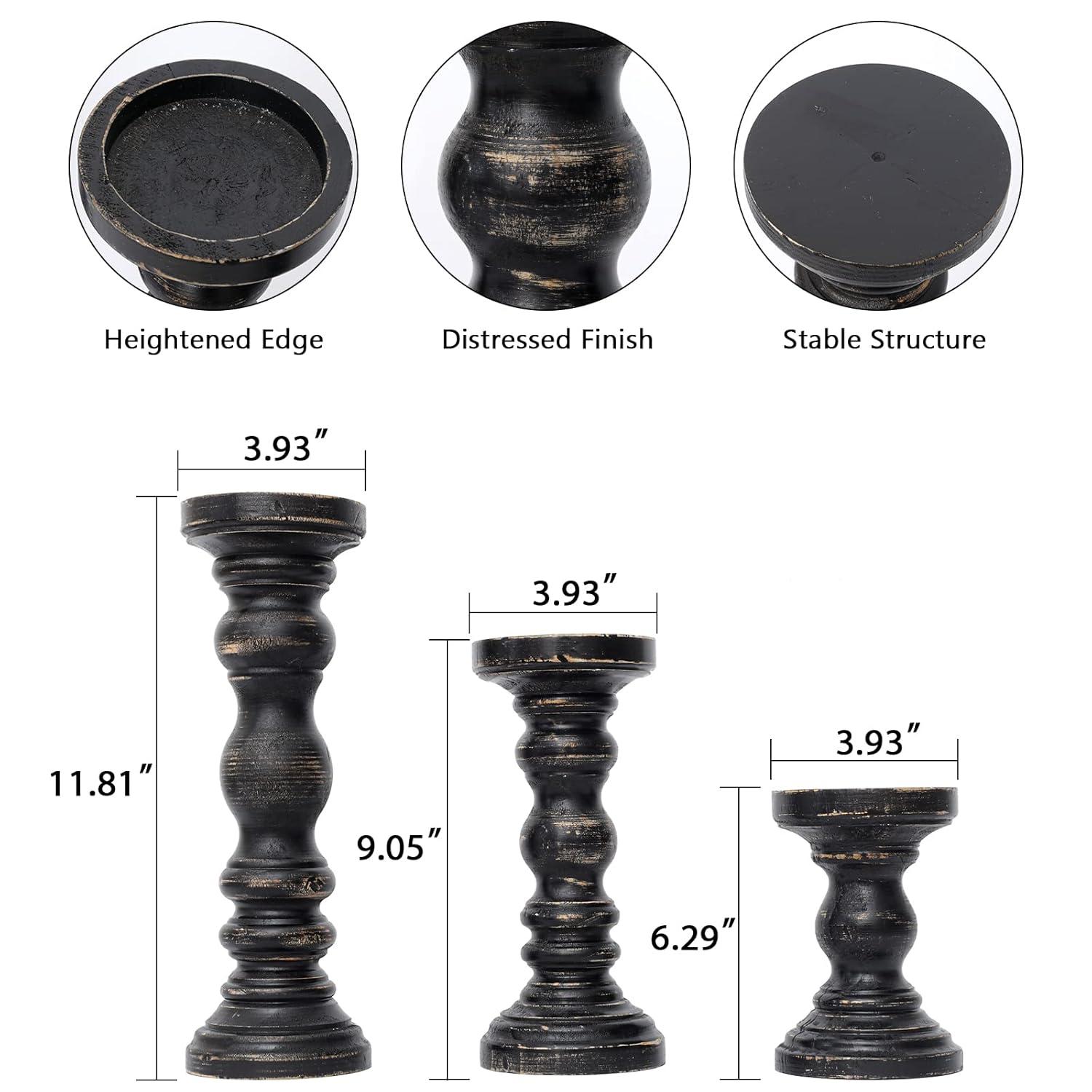 DecMode 3 Candle Black Mango Wood Distressed Turned Pillar Candle Holder, Set of 3