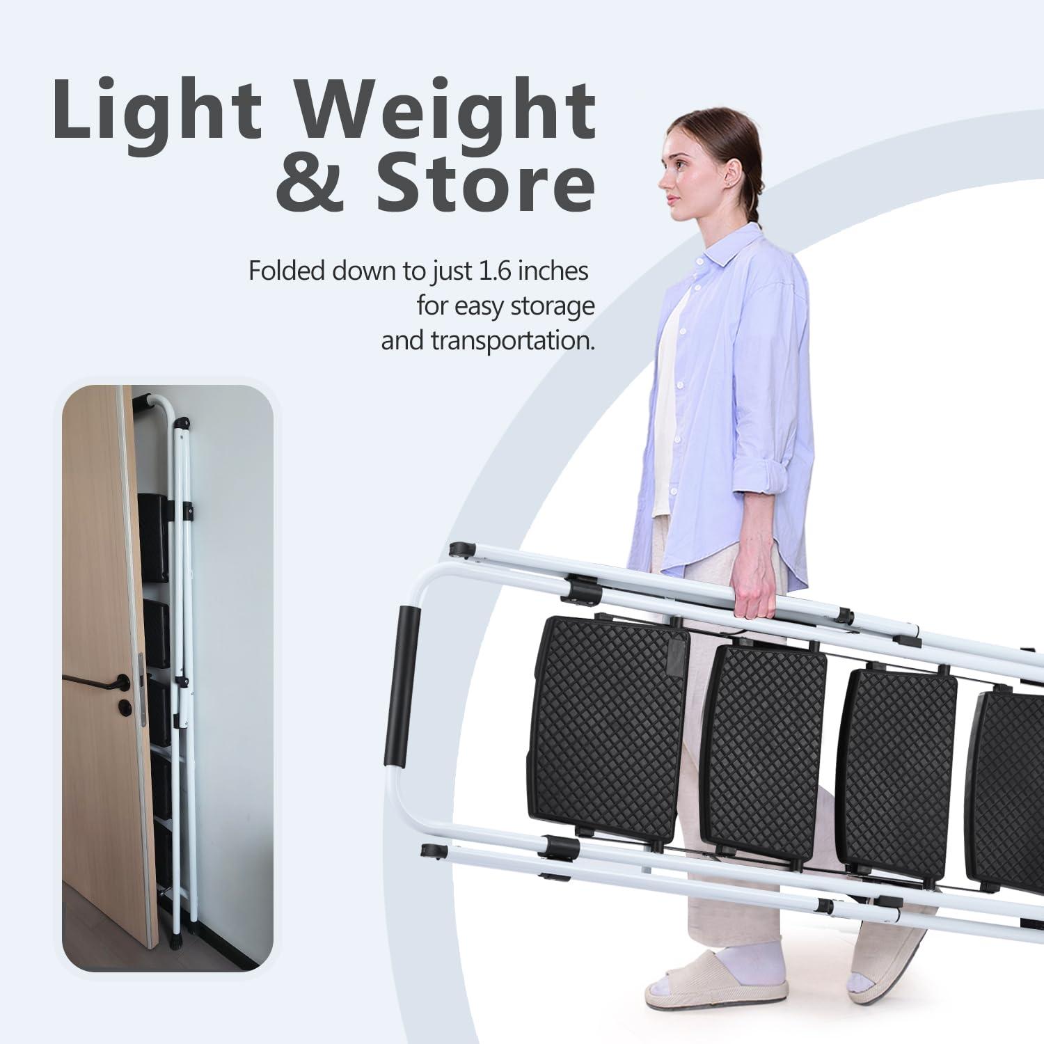 White Four-Step Ladder, Light Folding Four-Step Stool, Wide Anti-Skid Pedal and Safety Handle, Strong Steel Ladder, Multi-Purpose Ladder, Applicable to Family, Kitchen, Office Elevator