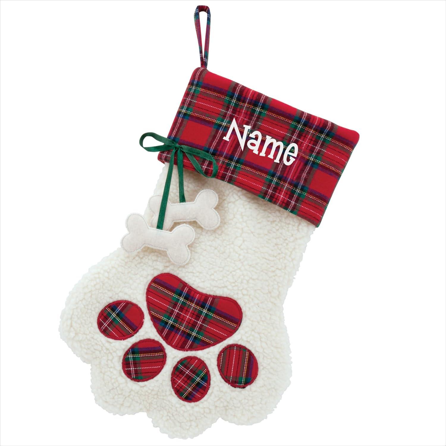 Personalized Planet Dog Paw Christmas Stocking with Custom Pet Name Embroidered, White Faux Sherpa with Red Plaid Cuff and Dog Bone Accents, Festive Christmas Décor, Ready to Hang