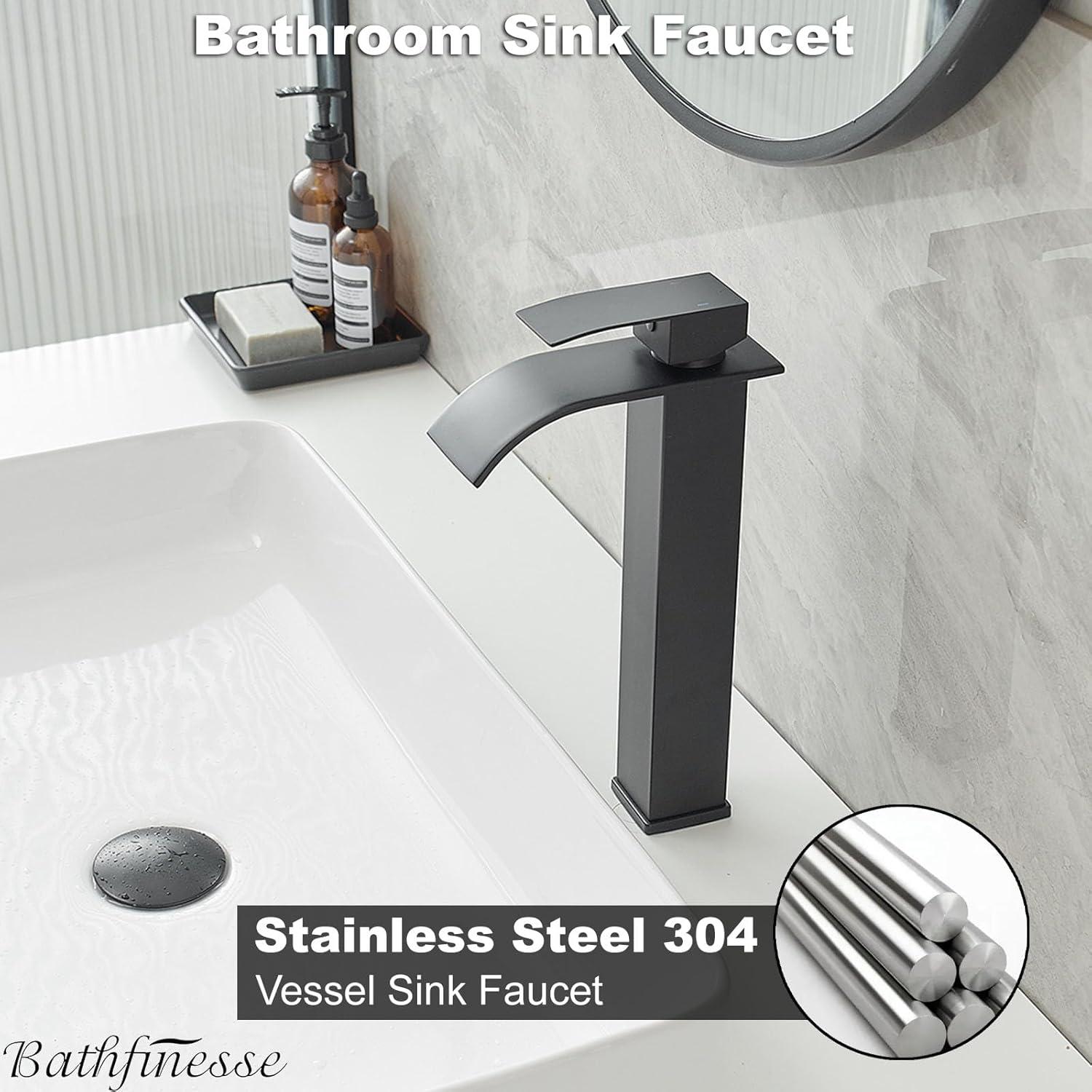 Waterfall Bathroom Faucet Single Handle，Bathroom Sink Faucet 1 Hole，Waterfall Faucet for Bathroom Sink，Vessel Sink Faucet Matte Black Tall Bathroom Faucet