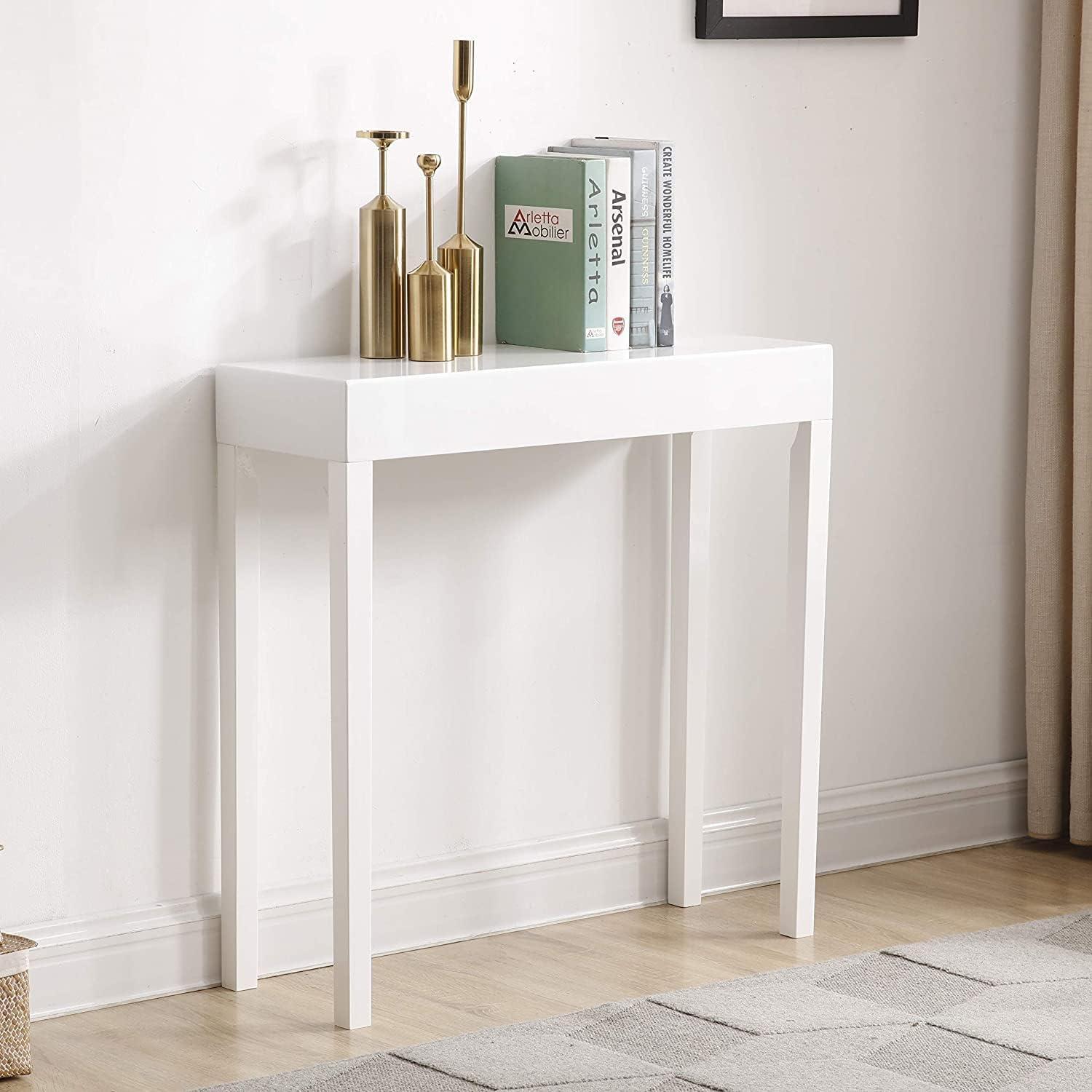 Glossy White Rectangular Minimalist Console Table with Storage