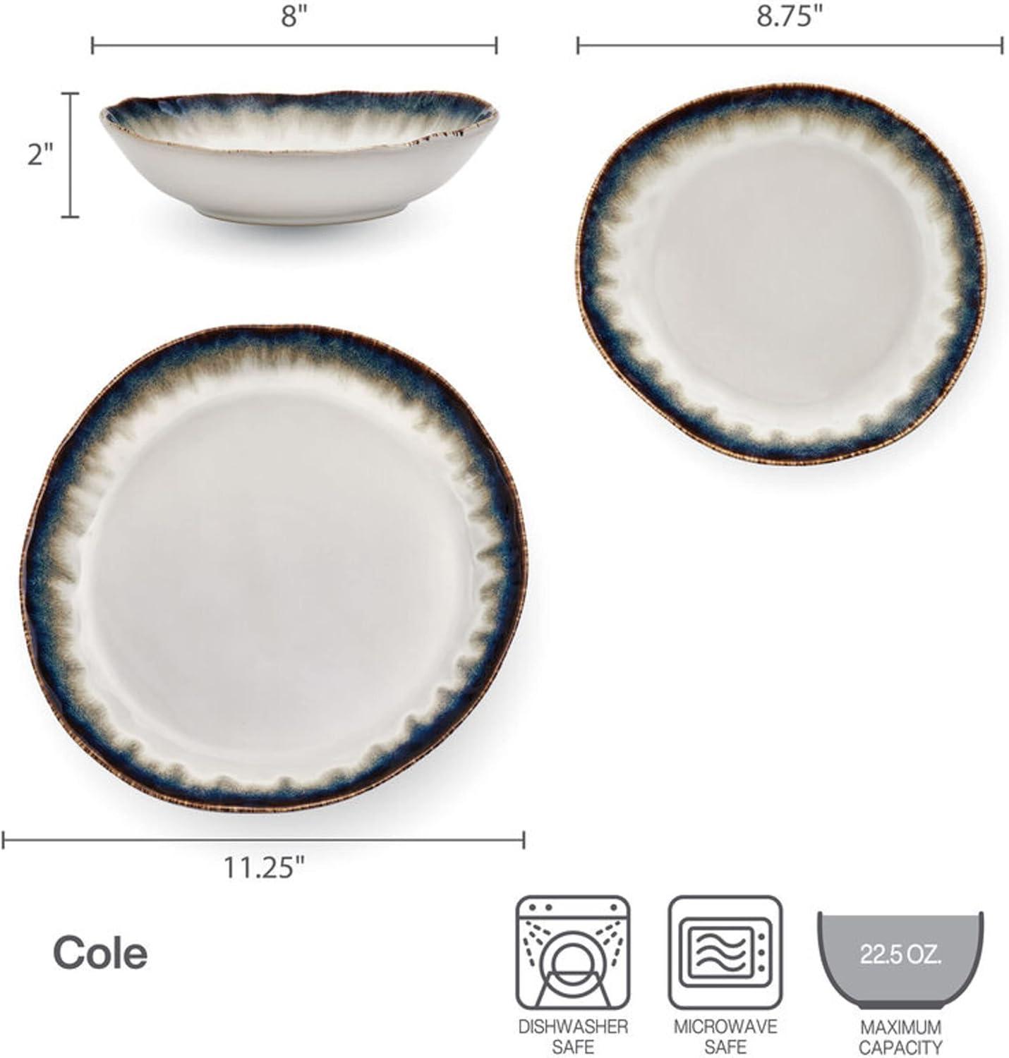 Cole Organic Shaped Cream and Blue 12-Piece Stoneware Dinnerware Set