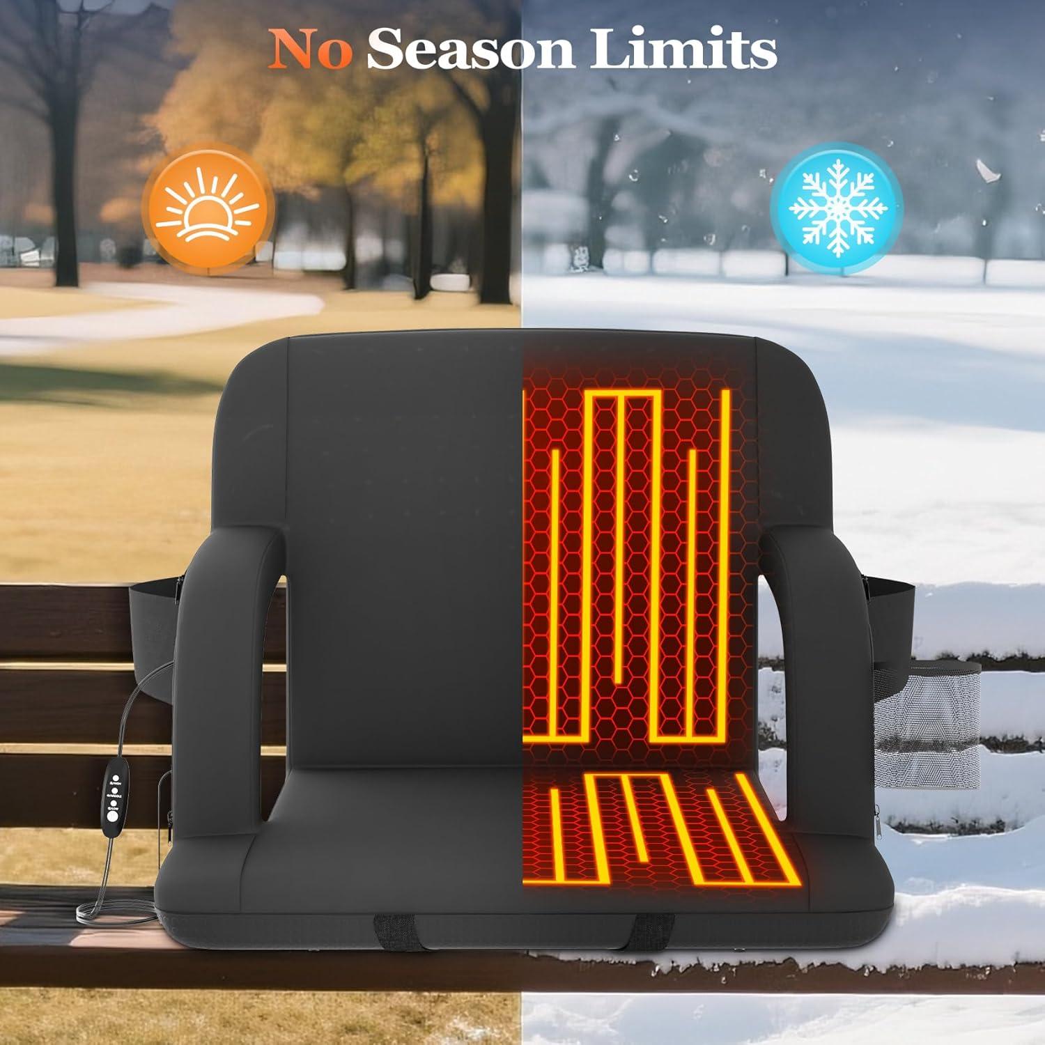 PNKKODW 21" 2PCS Foldable Heated Stadium Seats for Bleachers w/ Back Support, Extra Portable Bleacher Seat, USB 3 Levels of Heat, 5 Pockets for Outdoor Camping Games Sports(No Battery)