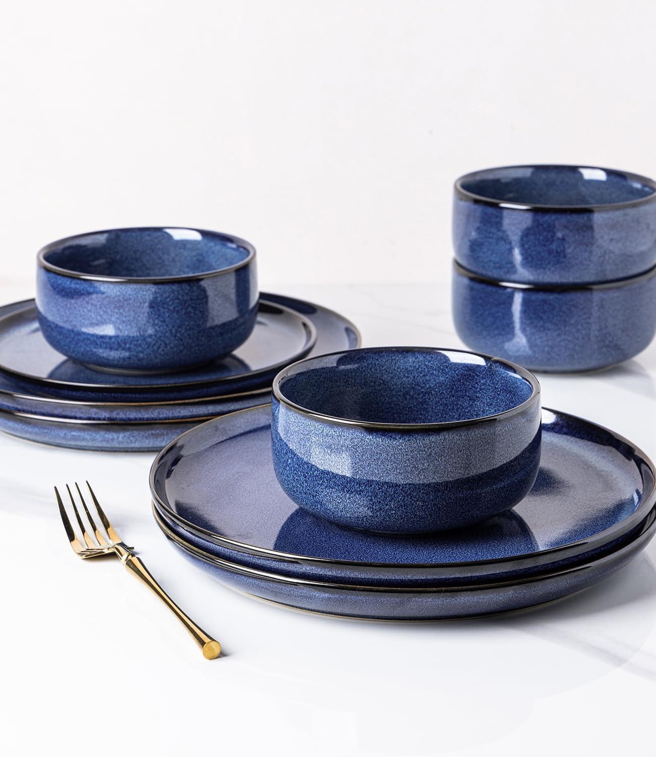 One Allium Way® 12-Piece Reactive Glaze Plate and Bowl Set, 4-Person Dinnerware Set, Scratch Resistant Dinnerware Set