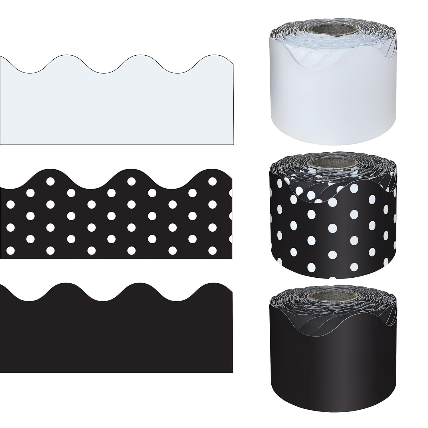 Carson Dellosa 3 Rolls of 195 Ft of Scallop Black and White Bulletin Board Borders Bundle, Classroom Borders for Bulletin, 65 Ft Per Bulletin Board Trim Roll