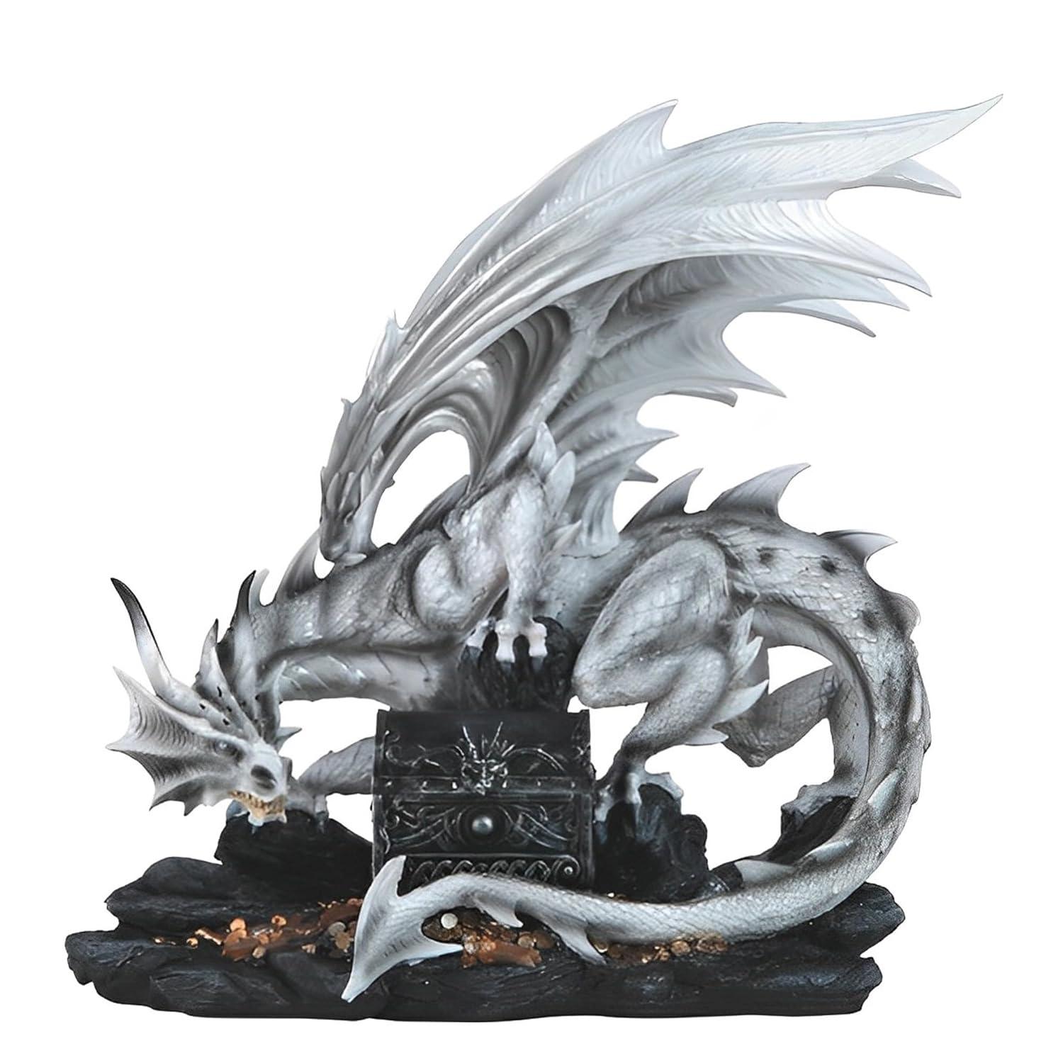 ICE ARMOR 20" W Medieval White Dragon with Treasure Chest Statue Fantasy Decoration Figurine Large Sculpture