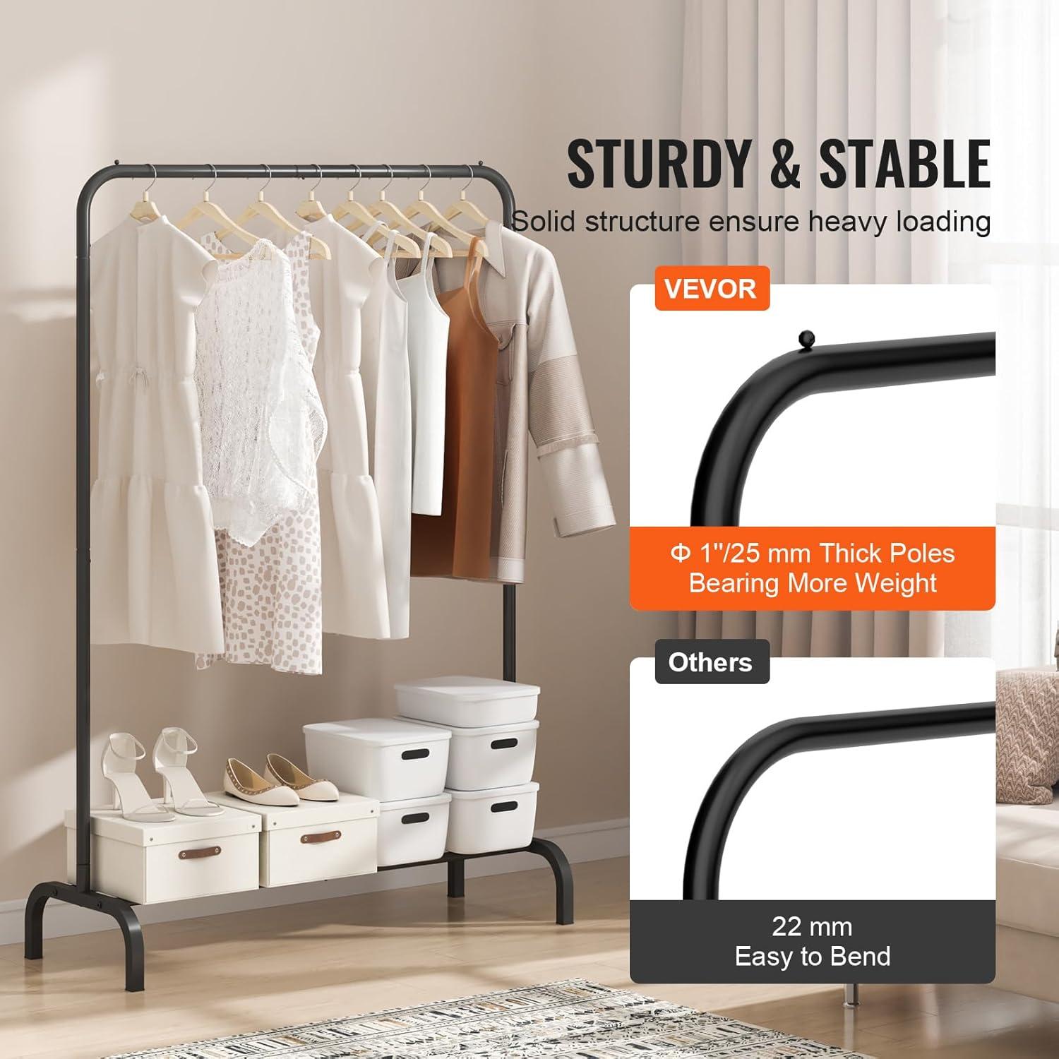 Black Heavy Duty Portable Clothes Rack with Storage Shelf