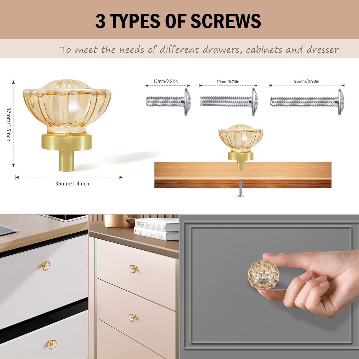 Champagne Crystal Cabinet Knobs and Pulls 8 Pack,Glass Knobs for Dresser Drawers with Satin Brass/Brushed Gold Base