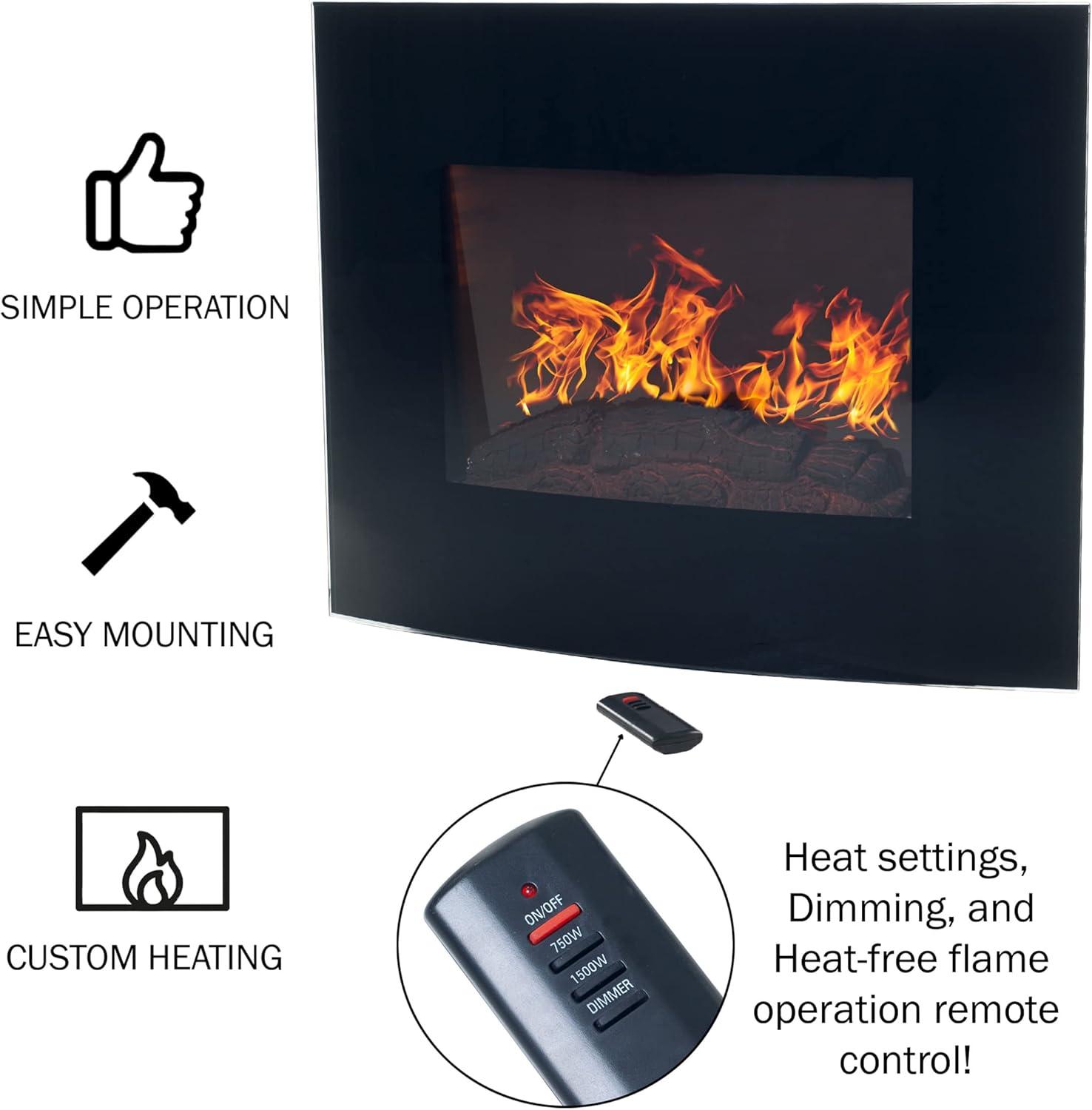 Black Curved Glass Wall-Mounted Electric Fireplace with Remote