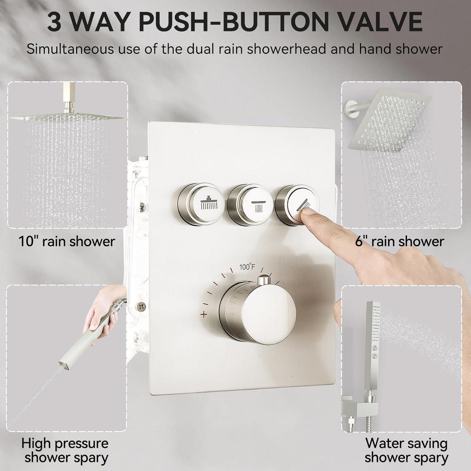 Revitalize 3-Function 12 Inch Wall Mount Rainfall Thermostatic Shower System with 6 Body Jets