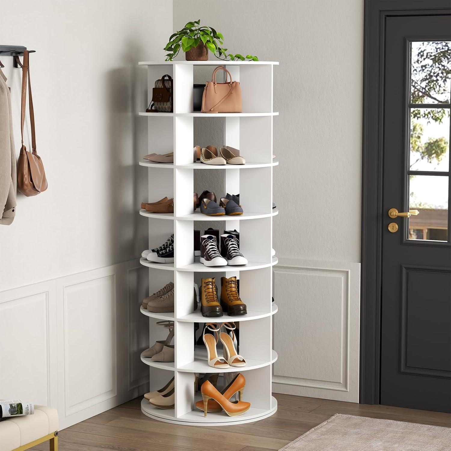 7 Tier Rotating Shoe Rack Tower, Revolving Shoe Rack Storage, Round Carousel Vertical Handbag and Shoe Organizer ,White-SpaceAid®