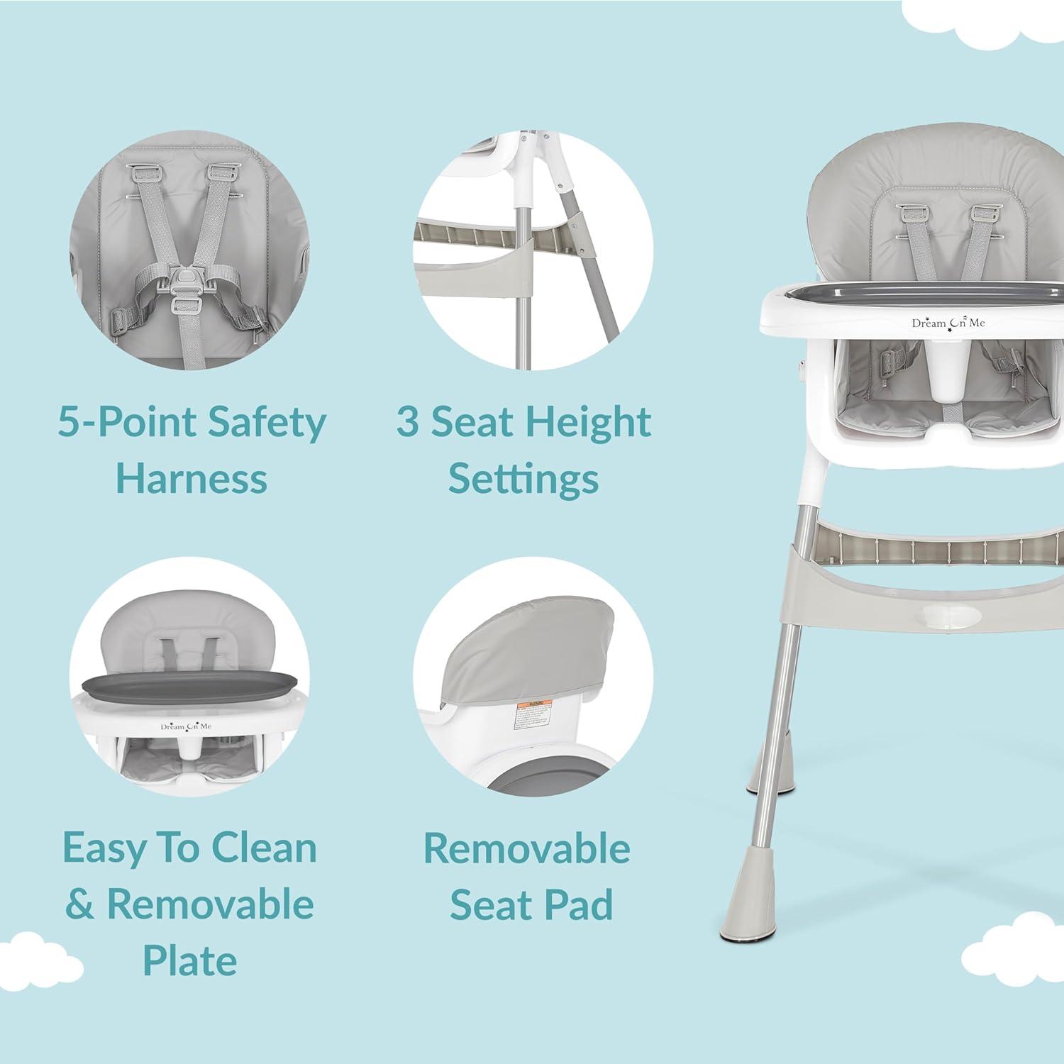 Dream On Me Portable 2-In-1 Table Talk High Chair - Convertible Compact and Lightweight, Grey