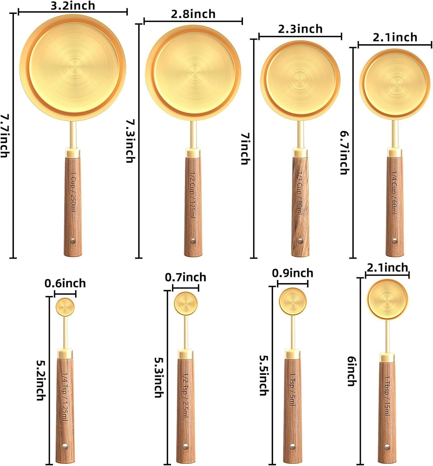 ODOMY 8Pcs Measure Cup and Spoon Set Gold Measuring Cup Spoon Set with Wooden Handle Stainless Steel Stackable Kitchen and Baking Measurement Kitchen Accessories for Home Kitchen Party