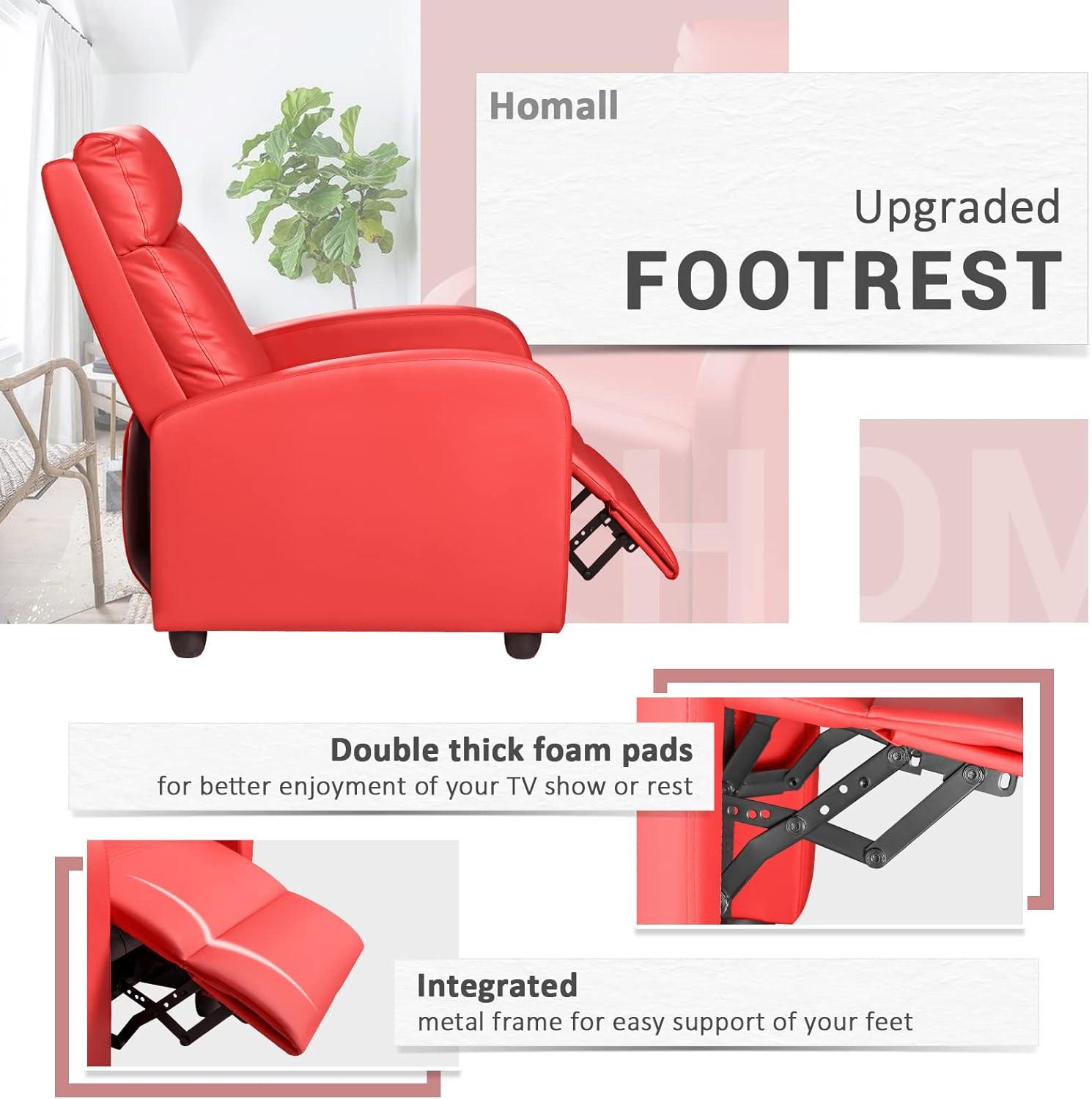 FDW Wingback Recliner Chair Leather Single Modern Sofa Home Theater Seating for Living Room,Red