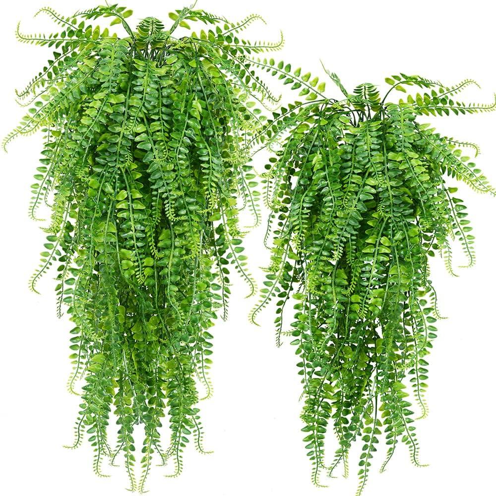 Artificial 2pack Fake Hanging Ferns Plant Faux Ivy Boston Outdoor UV Resistant Plastic (Green)