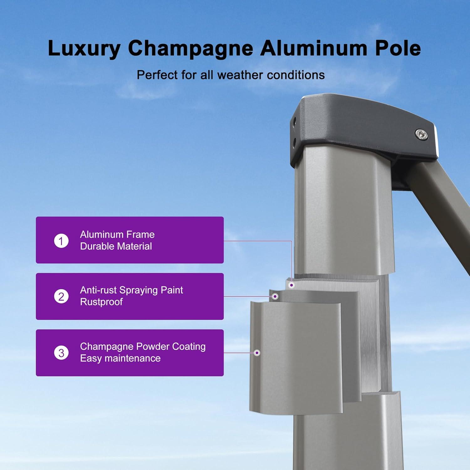 PURPLE LEAF 10' X 13' Patio Umbrella, Rectangle Outdoor Cantilever Umbrella, Aluminum Offset Umbrella with Champagne Frame and 360° Rotation for Pool Deck Garden, Light Grey